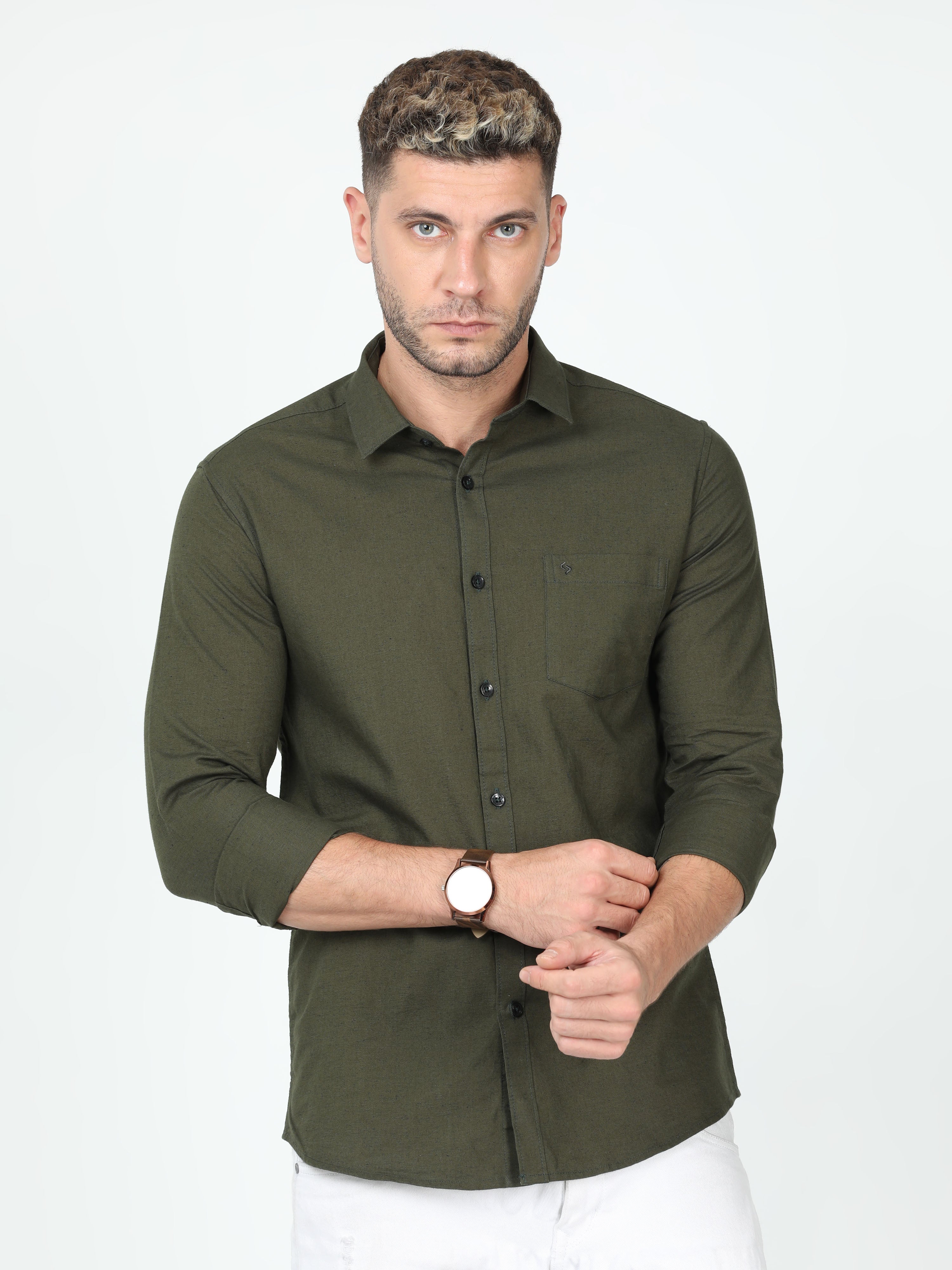 Classic Polo Mens Linen Cotton Full Sleeve Slim Fit Polo Neck Olive Color Woven Shirt | Linen - 26 D-FS-SLD-SF