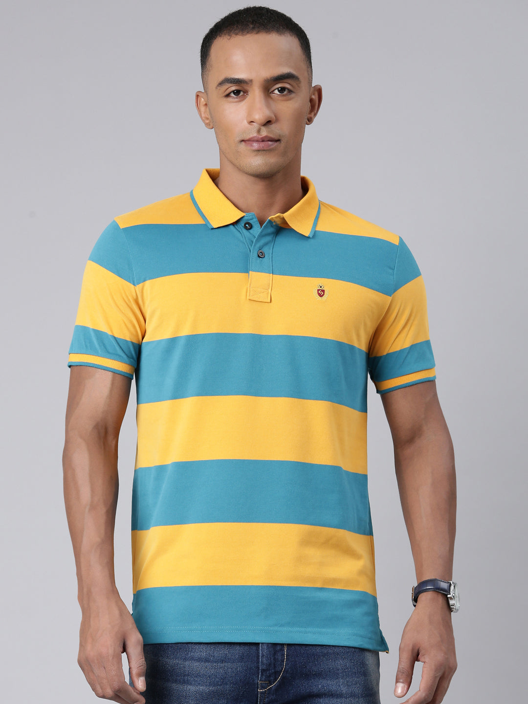 Classic Polo Mens Striped Yellow/Blue Polo Neck Slim Fit T-Shirt | CPEG - 324 A SF P