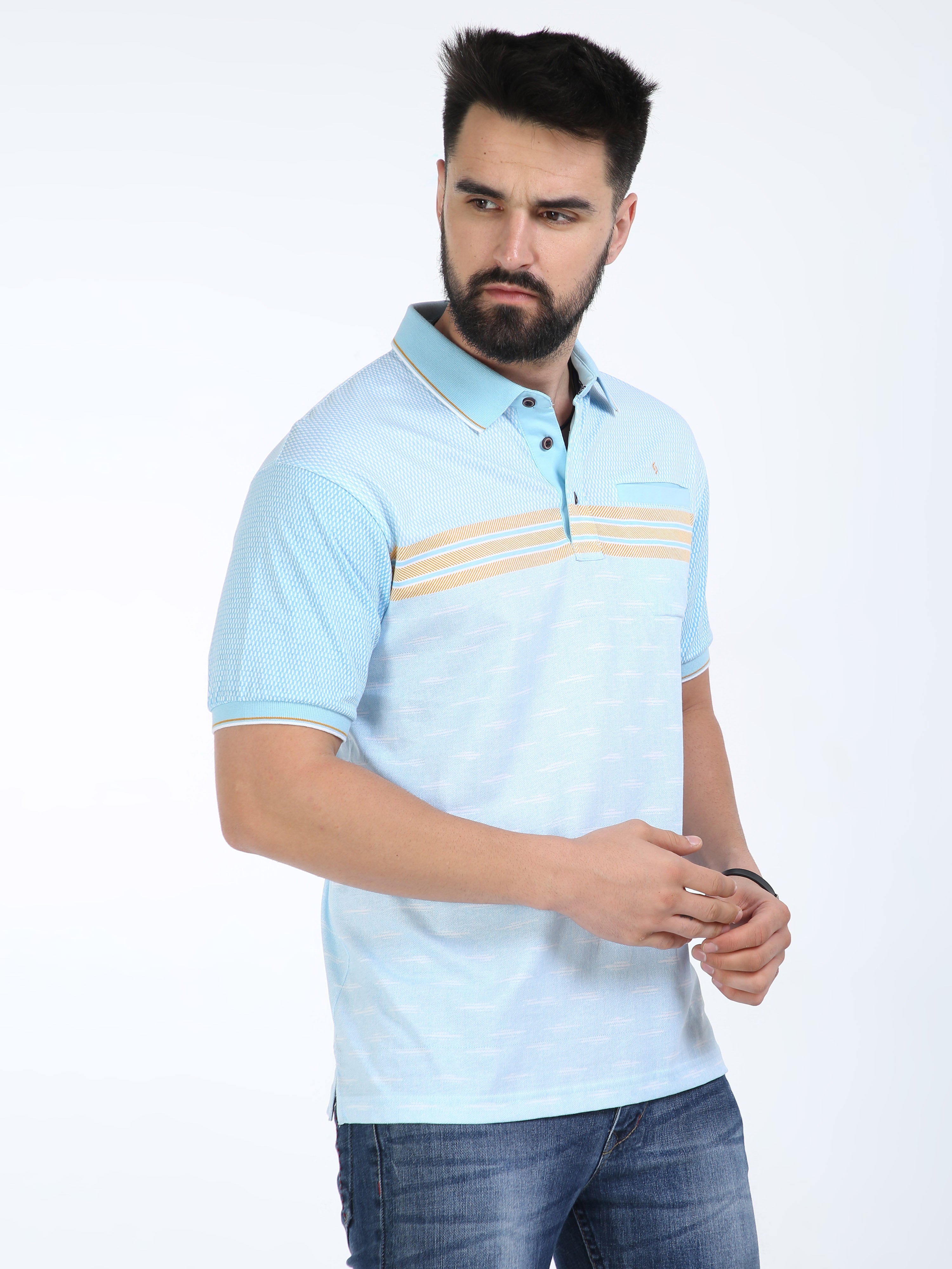Classic Polo Mens Pure Cotton Half Sleeves Striped Authentic Fit Polo Neck Aqua Blue Color T-Shirt | Carve Polo - 16 A Af P