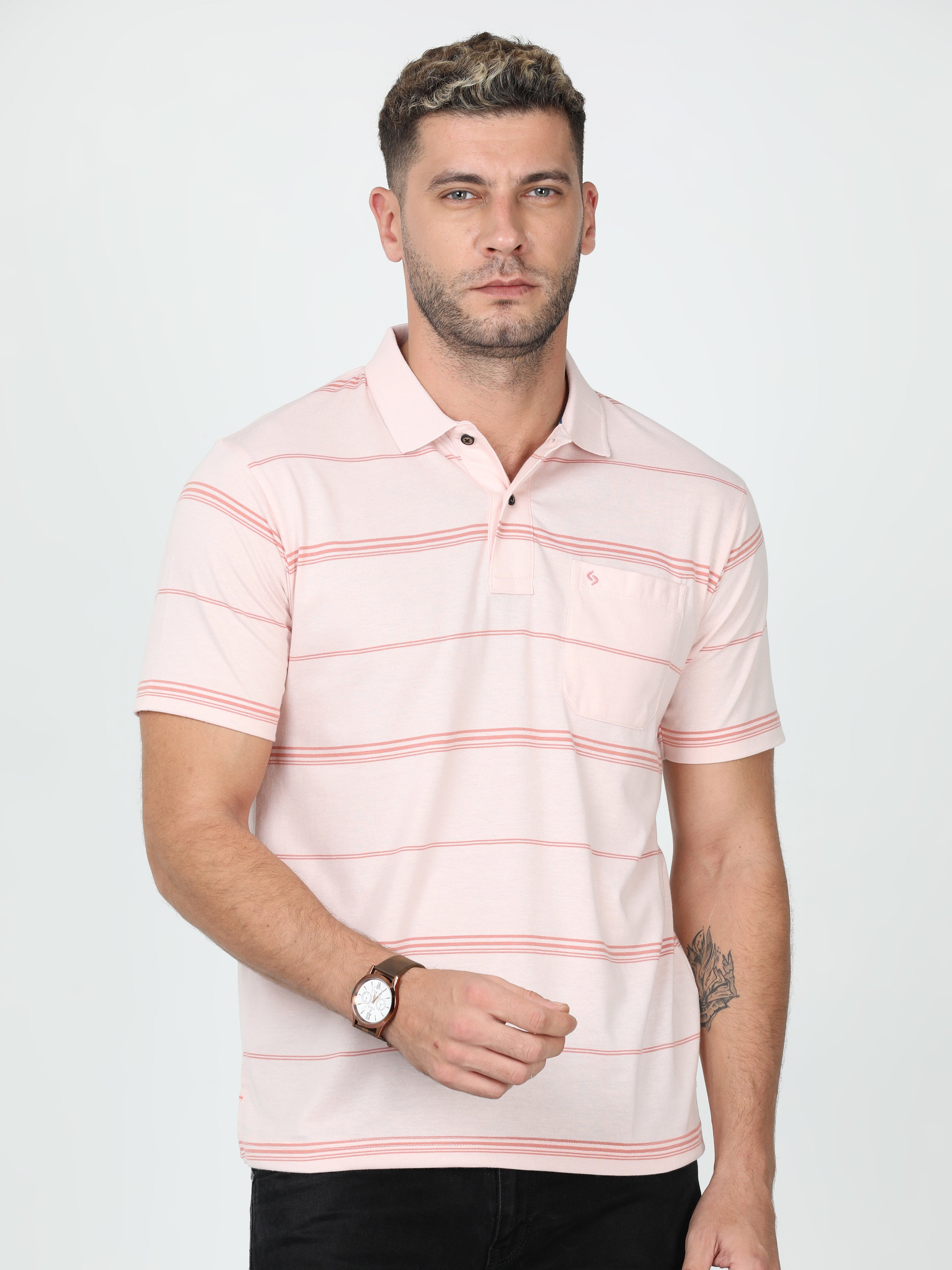 Classic Polo Mens Cotton Blended Half Sleeve Authentic Fit Polo Neck Pink Color T Shirt | F-Avon - 103 B