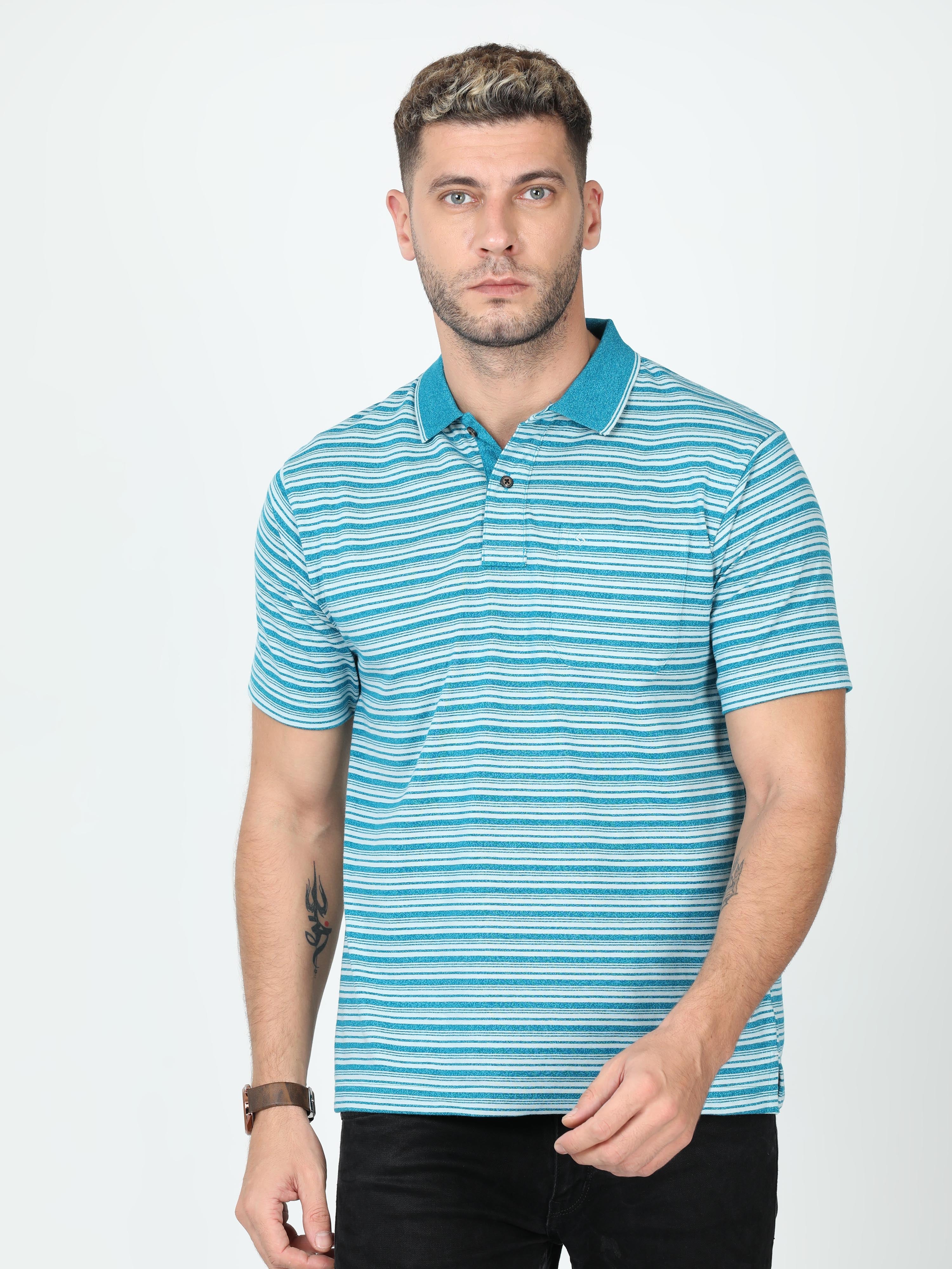 Classic Polo Mens Cotton Half Sleeve Stirped Authentic Fit Polo Neck Turquoise Color T Shirt | F-Feeders - 104 A