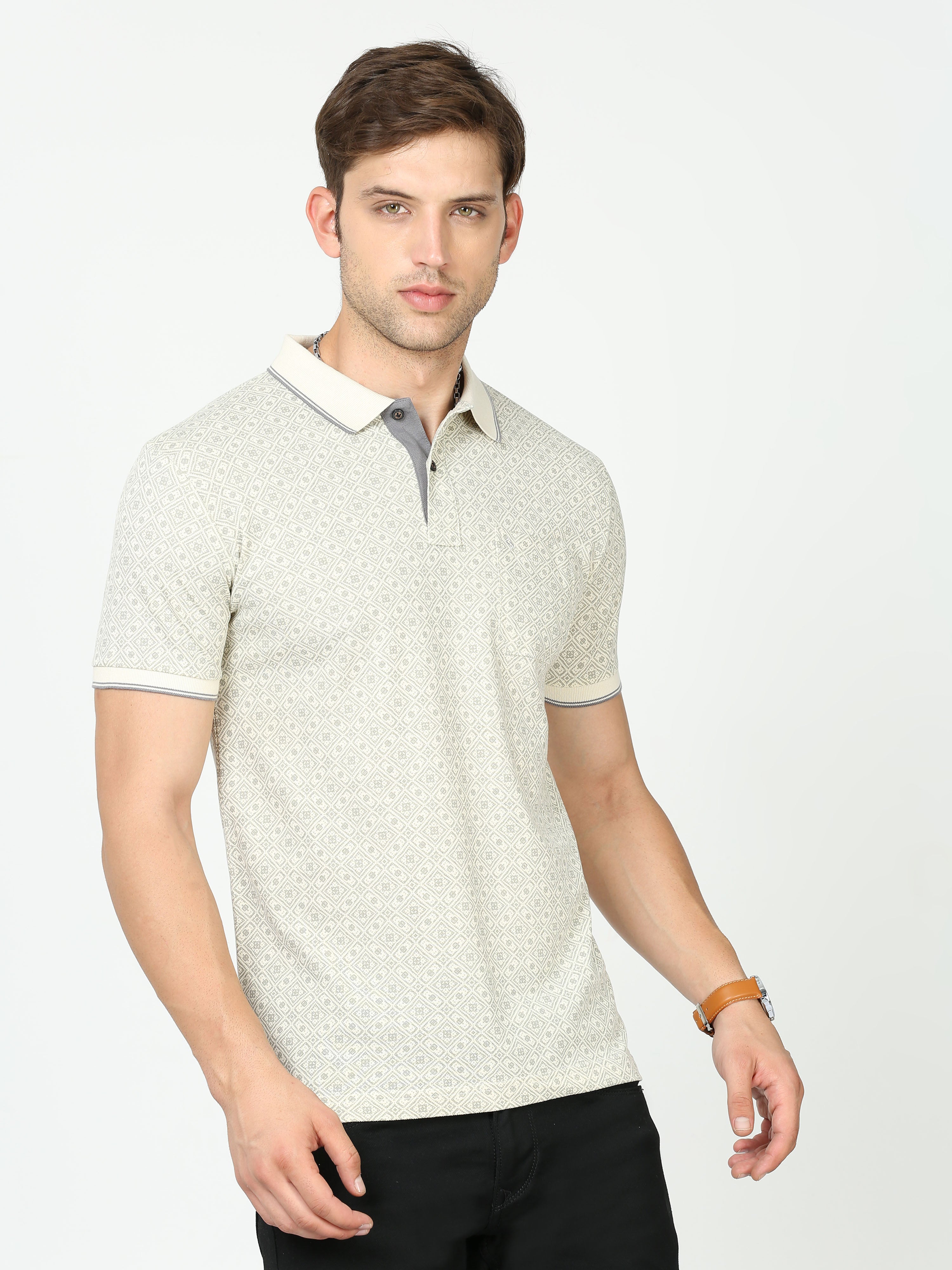 Classic Polo Mens Cotton Half Sleeves Printed Slim Fit Crew Neck Cream Color T-Shirt | Baleno - 594 A Sf C