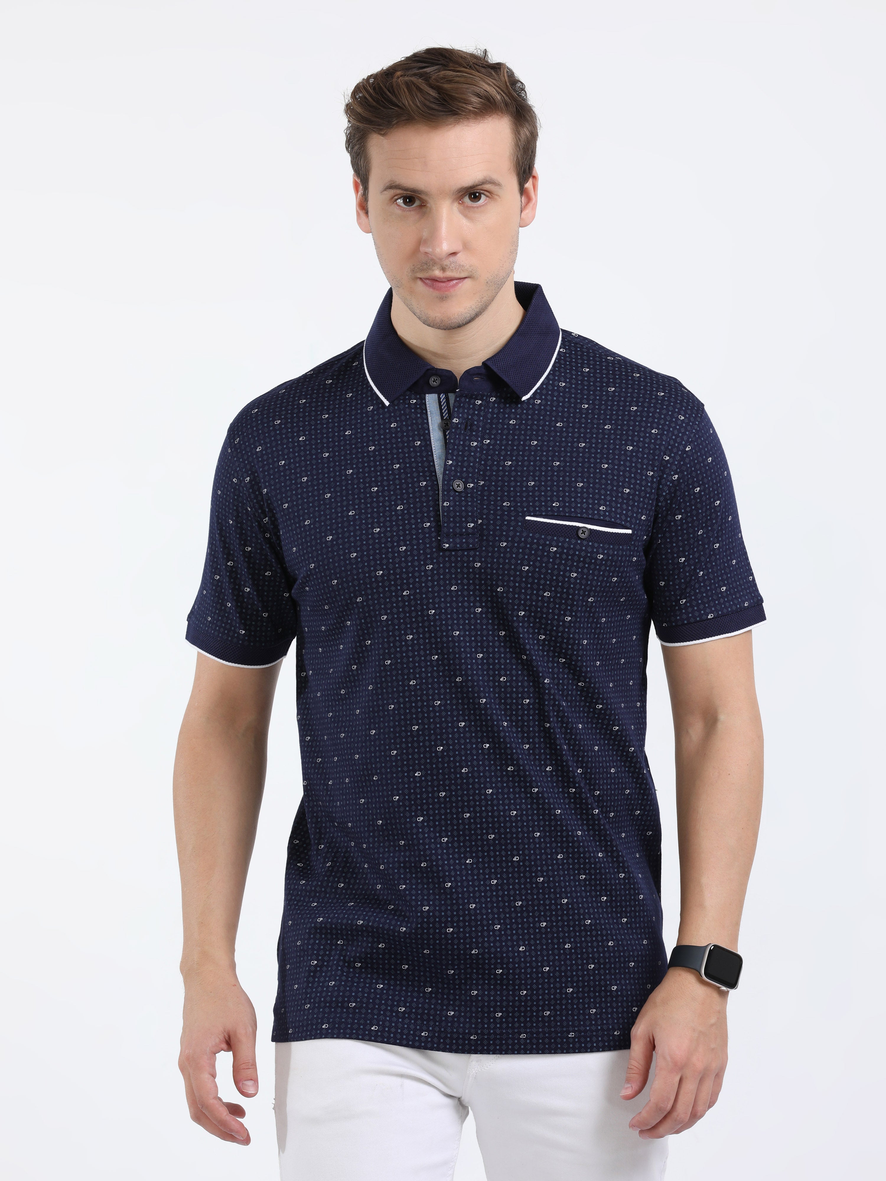 Classic Polo Mens Cotton Half Sleeves Printed Slim Fit Polo Neck Navy Color T-Shirt | Prm - 787 A Sf P