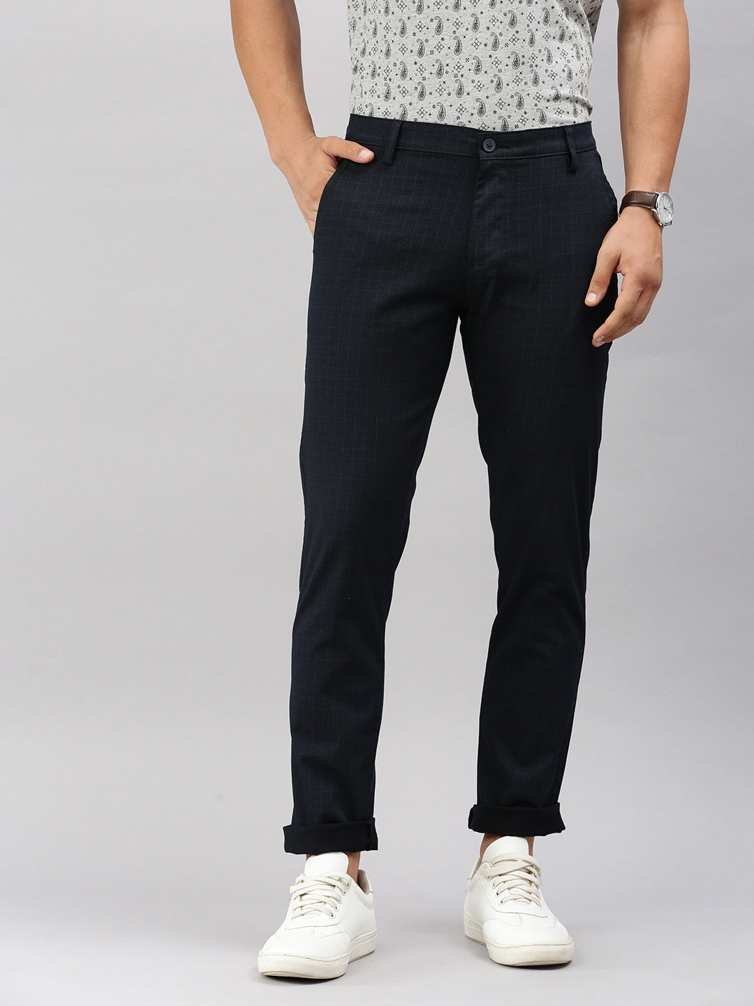 Classic Polo Men's Navy Blue Moderate Fit Checked Casual Trouser | TP2-CL 05 C-NVY-MF-LY