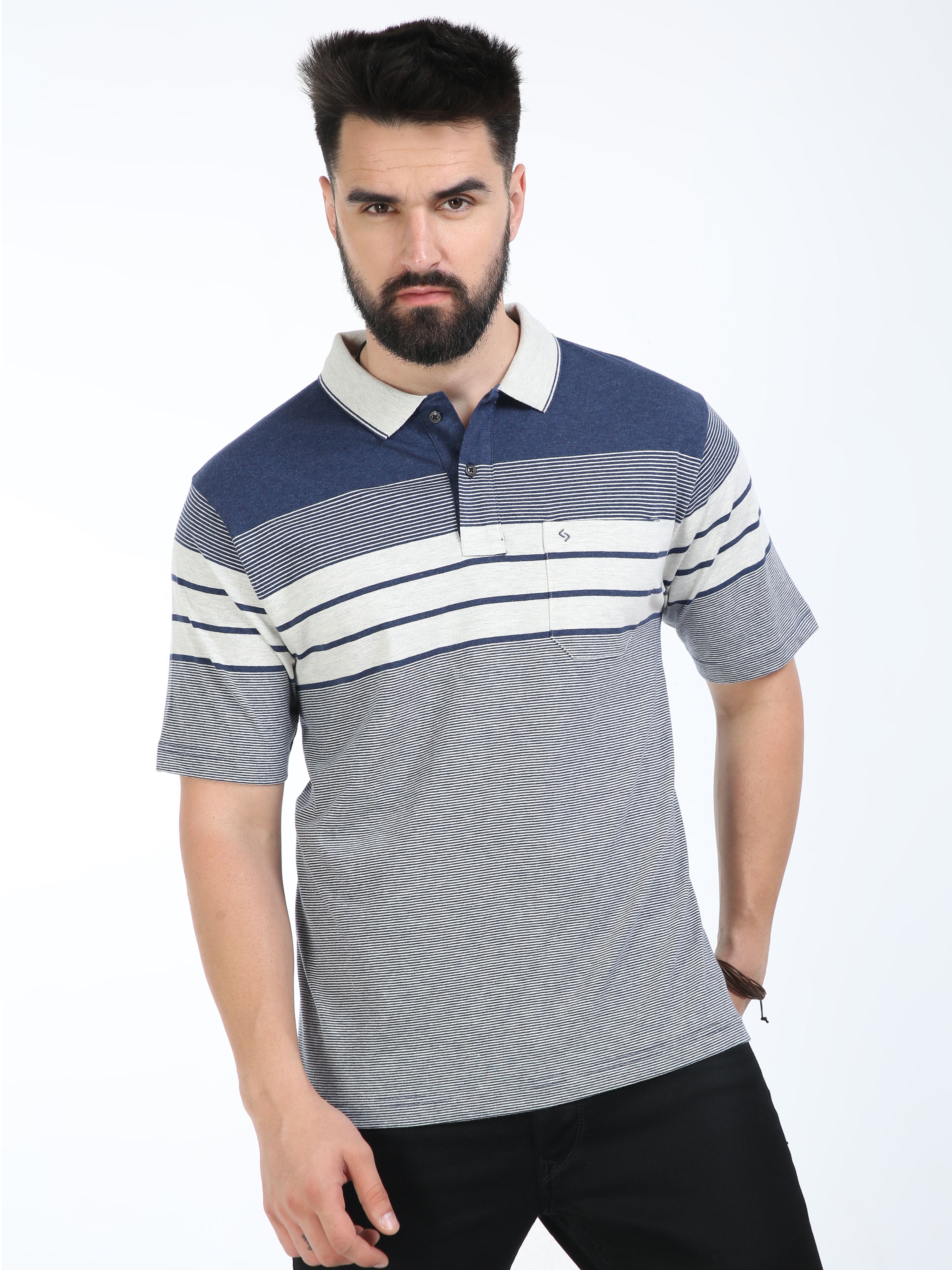 Classic Polo Mens Cotton Half Sleeves Striped Authentic Fit Polo Neck Navy Color T-Shirt | Mel - 242 A Af P