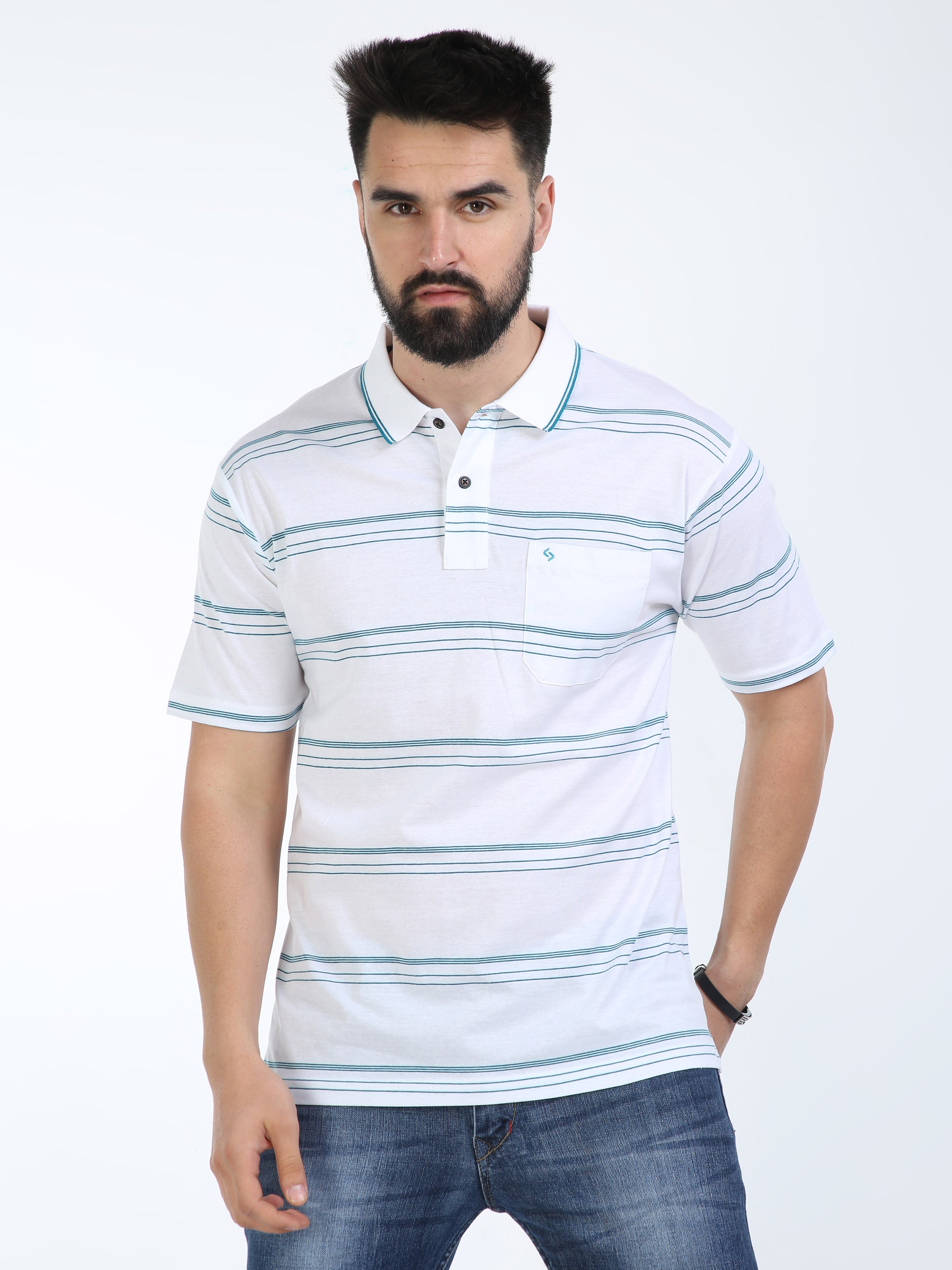 Classic Polo Mens Cotton Half Sleeves Striped Authentic Fit Polo Neck White Color T-Shirt | Ap - 105 A Af P