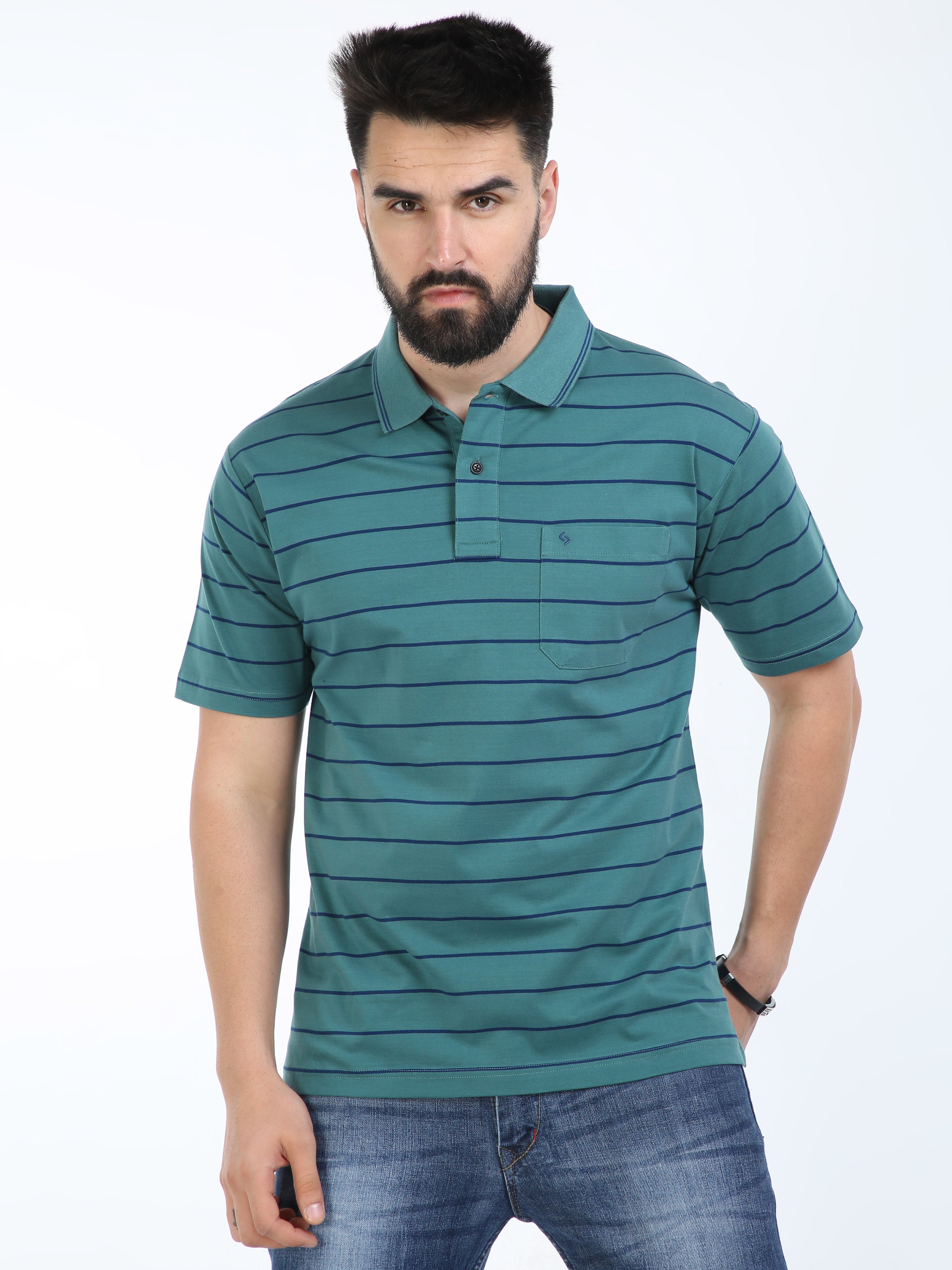 Classic Polo Mens Cotton Half Sleeves Striped Authentic Fit Polo Neck Green Color T-Shirt | Ap - 97 B Af P