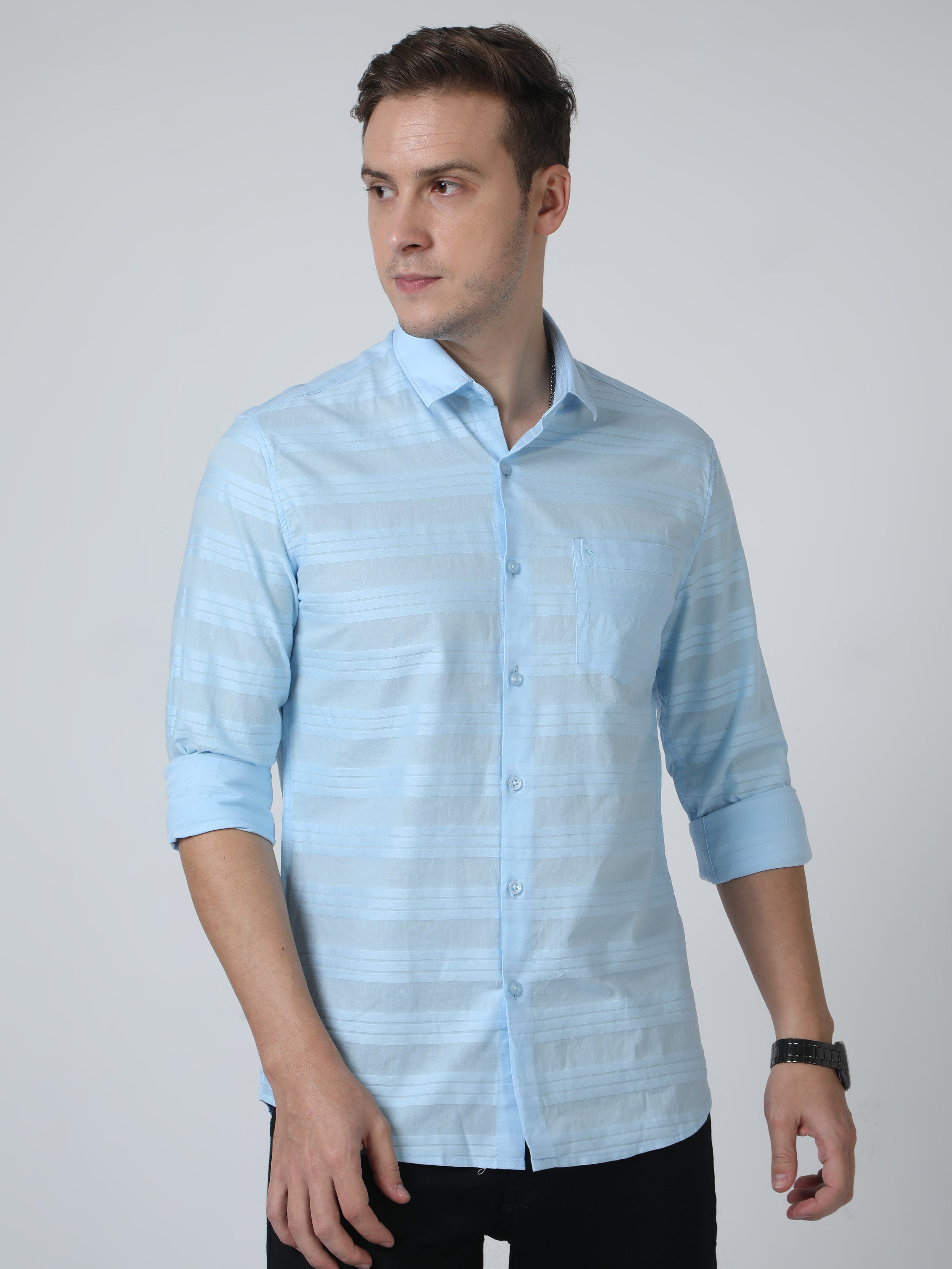 Classic Polo Mens Pure Cotton Full Sleeves Striped Slim Fit Polo Neck Light Blue Color Woven Shirt | So2-176 B-Fs-Sld-Sf
