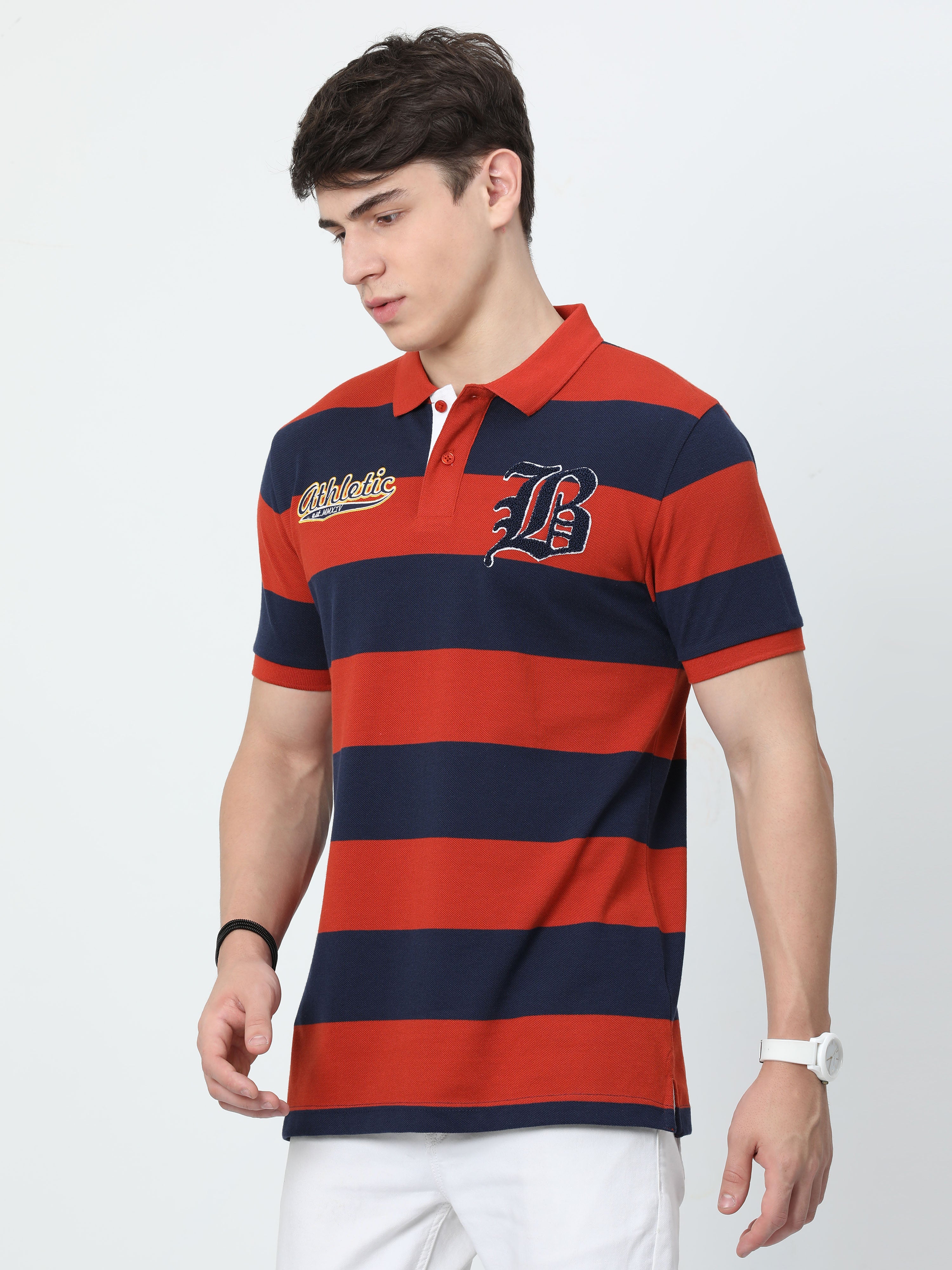 Classic Polo Mens Cotton Half Sleeves Striped Slim Fit Polo Neck Red Color T-Shirt | Brp - 395 B Sf P