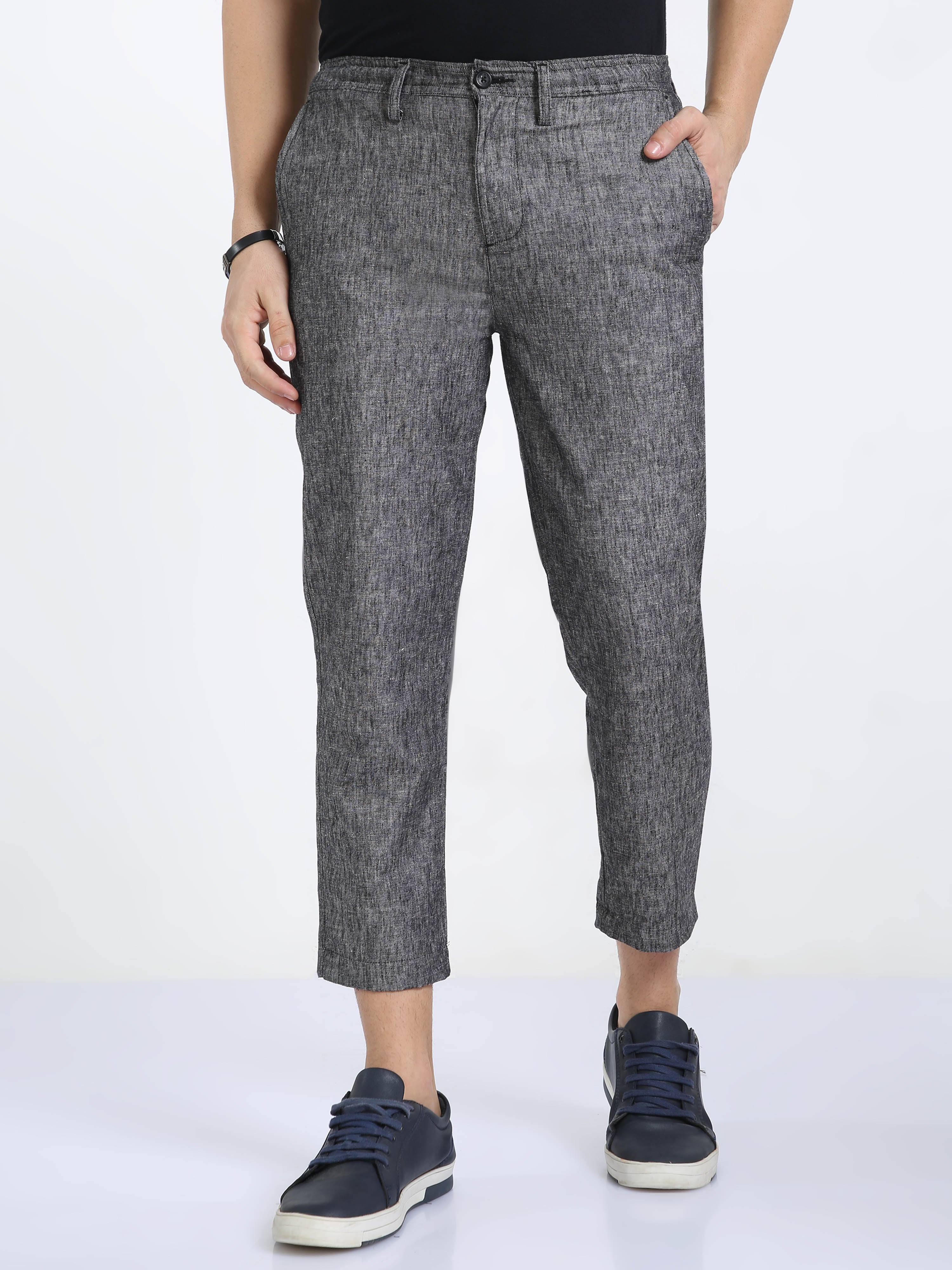 Classic Polo Mens Ankle Fit Solid Black Melange Color Trousers | To2-27 B-Blk-Al-Ly