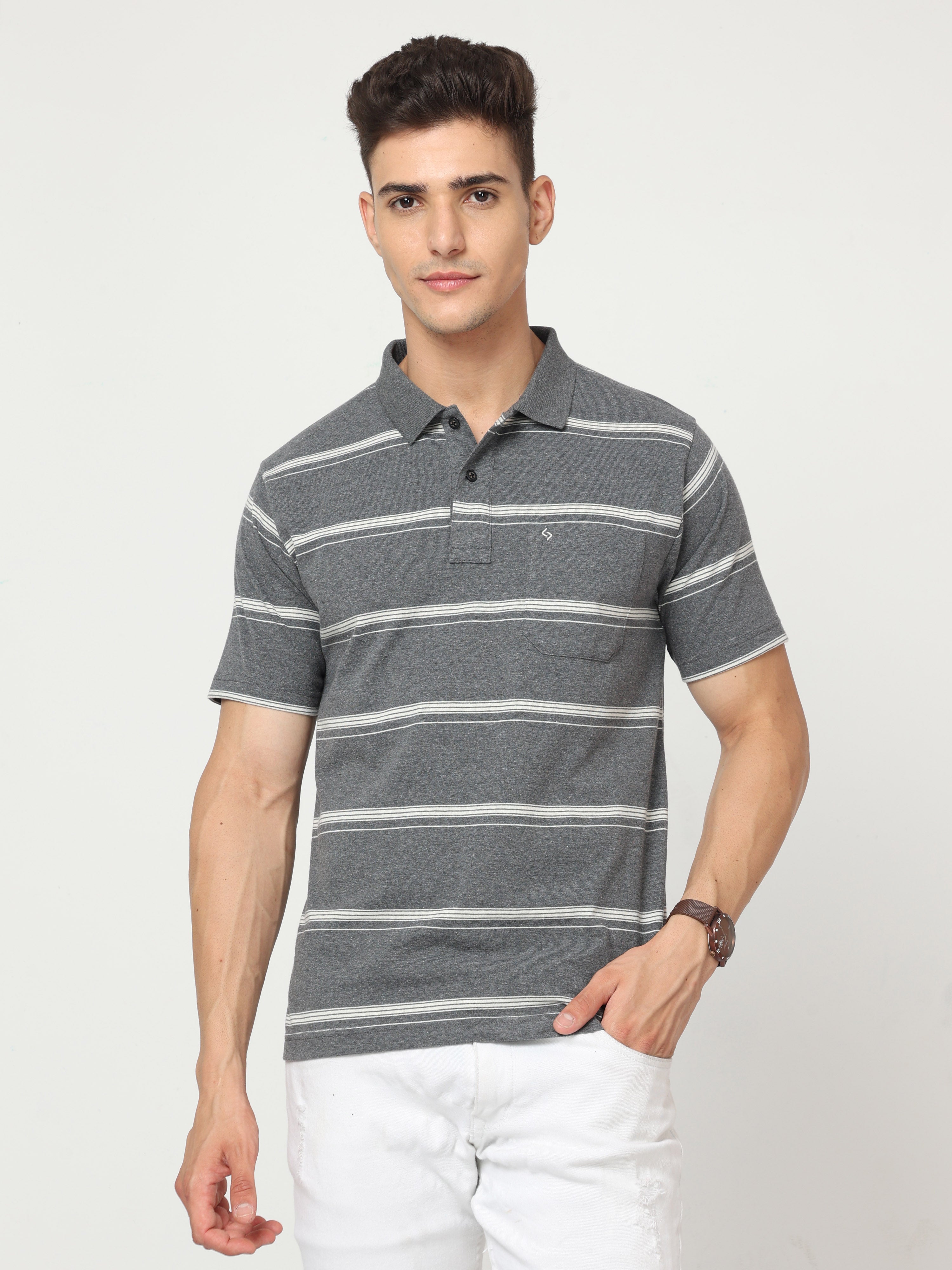 Classic Polo Mens Pure Cotton Half Sleeve Striped Regular Fit Polo Neck Grey Color T Shirt | F-Avon - 107 B