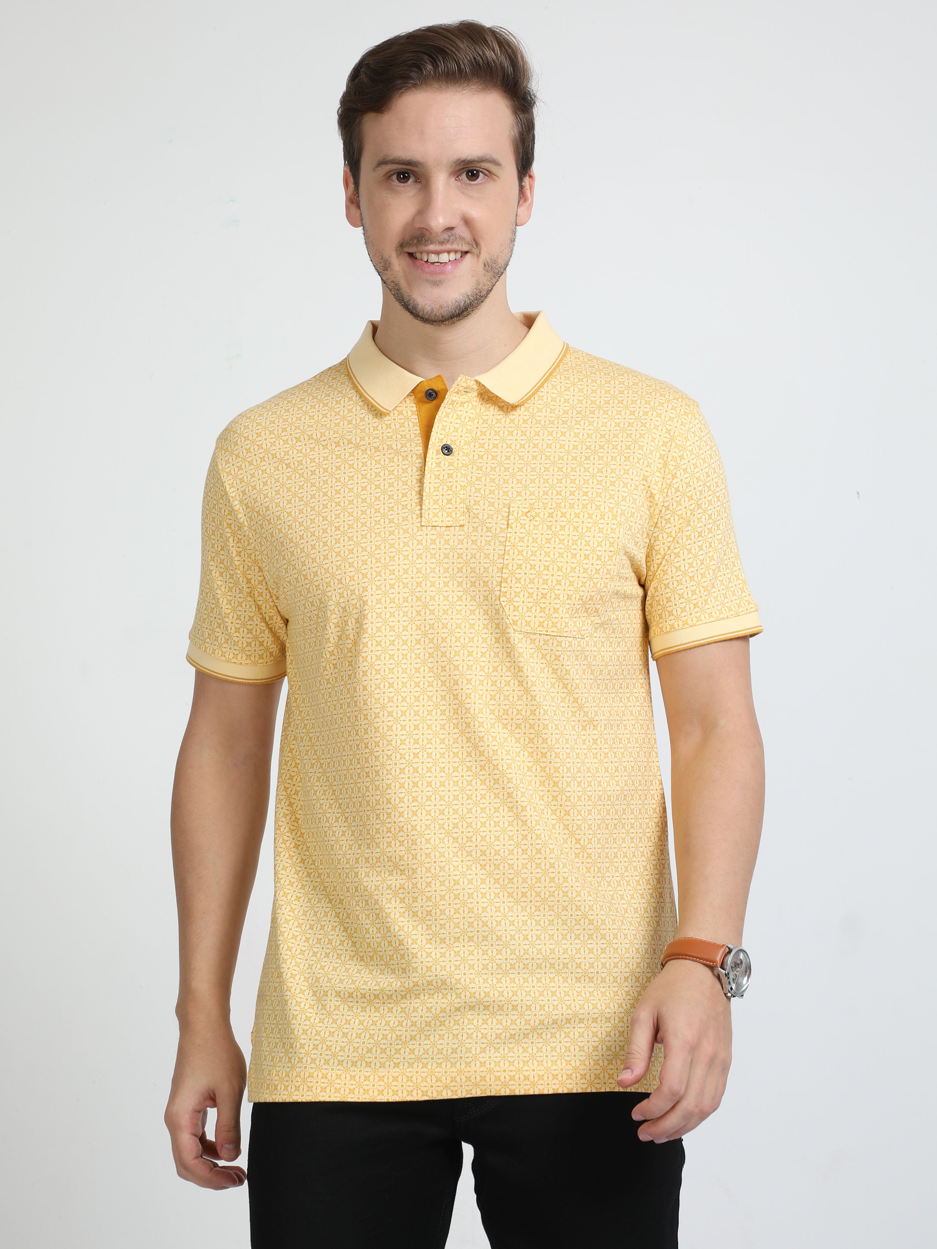 Classic Polo Mens Pure Cotton Half Sleeves Printed Slim Fit Polo Neck Yellow Color T-Shirt | Bello - 219 A Sf P
