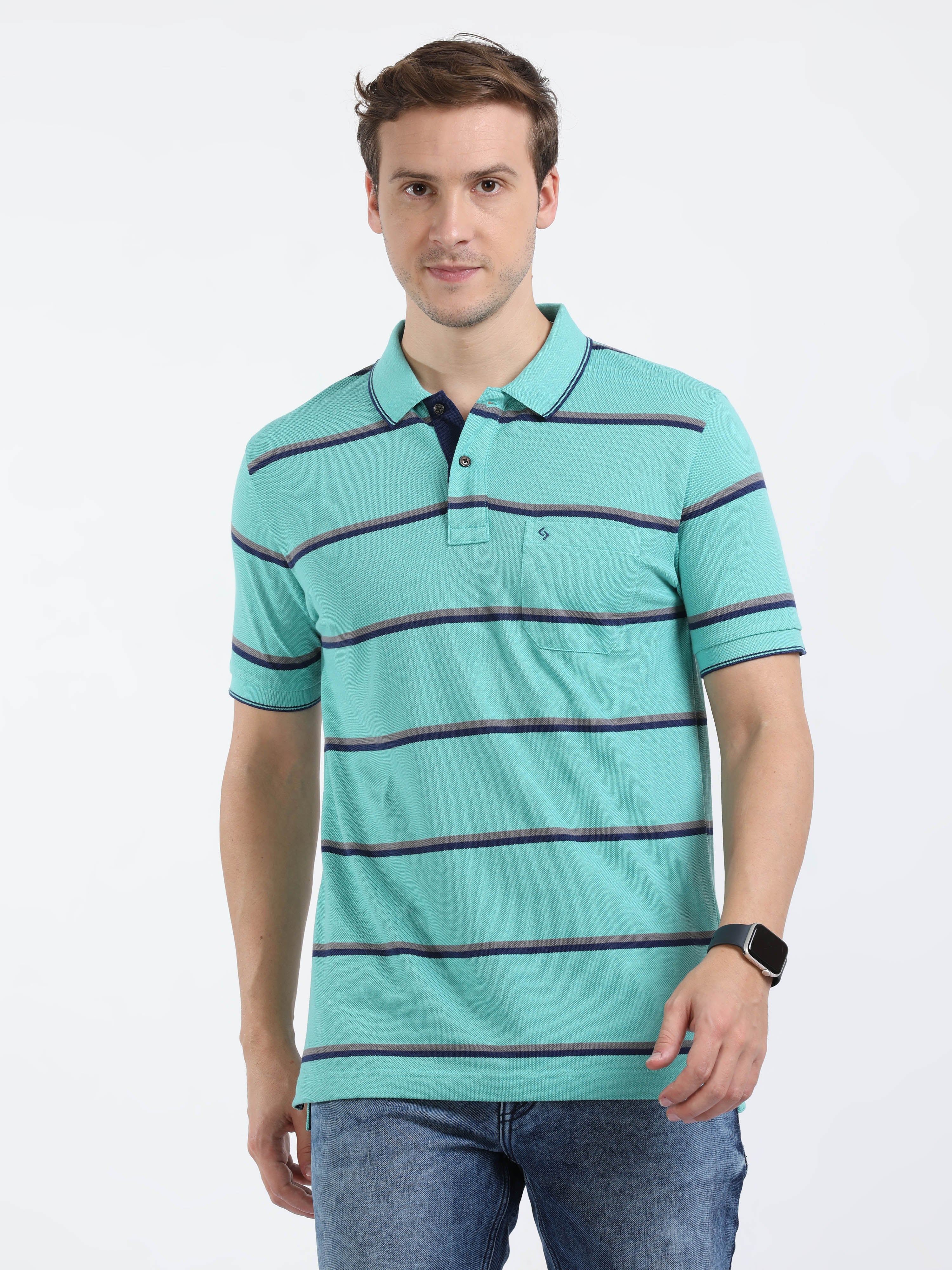 Classic Polo Mens Cotton Half Sleeves Striped Slim Fit Polo Neck Blue Color T-Shirt | Adore - 208 B Sf P