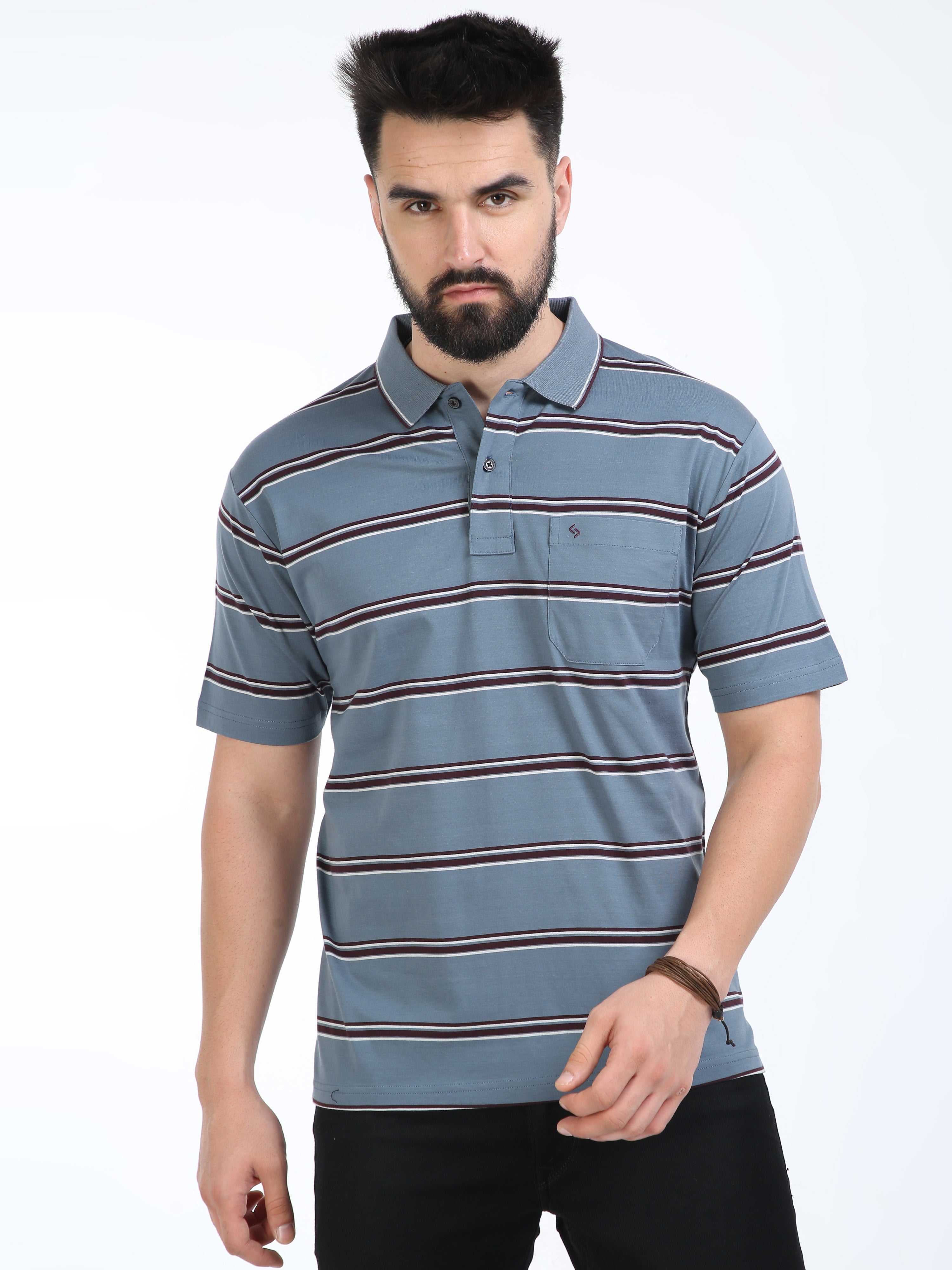 Classic Polo Mens Cotton Half Sleeves Striped Authentic Fit Polo Neck Grey Color T-Shirt | Ap - 100 B Af P