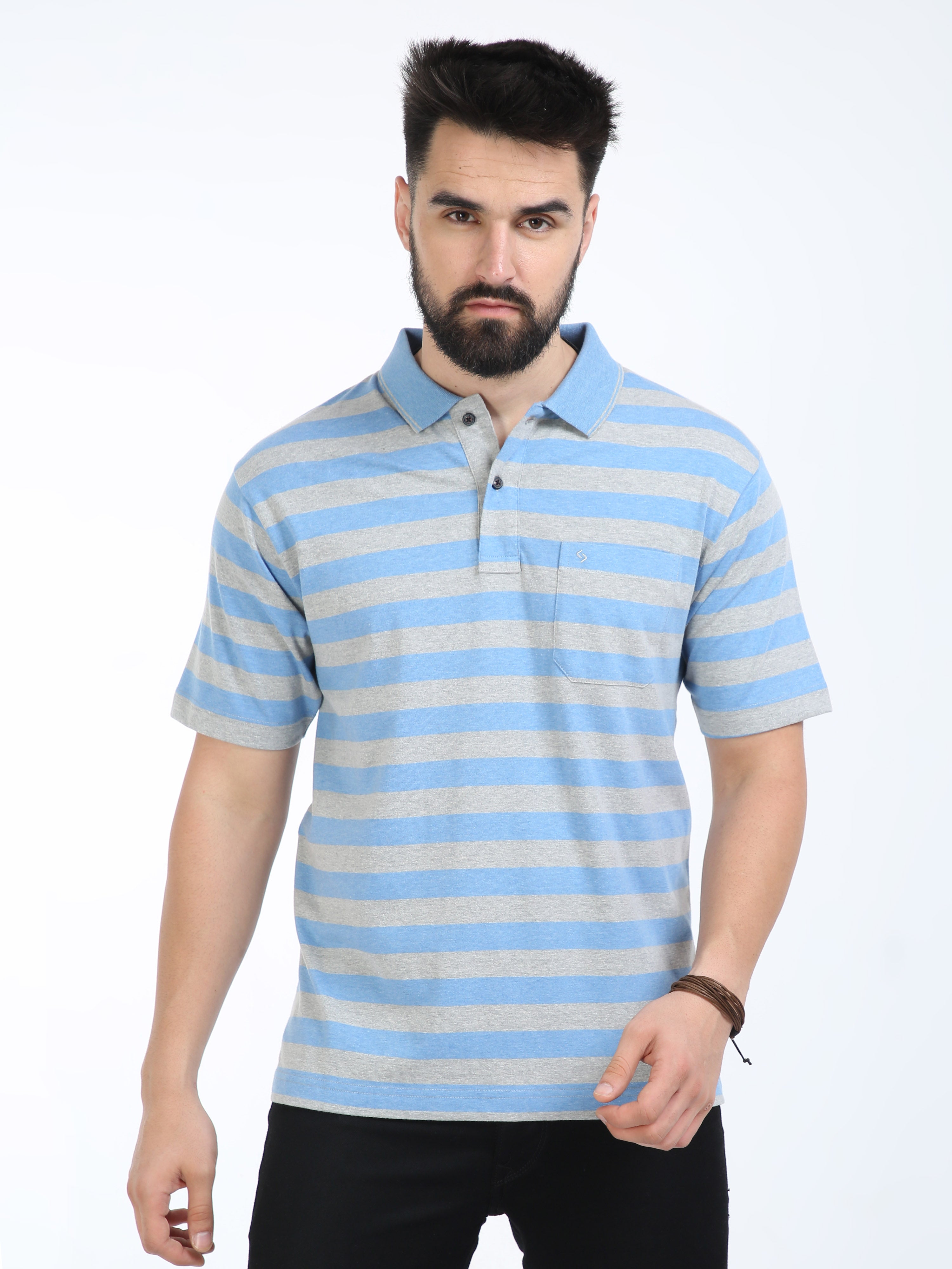Classic Polo Mens Cotton Half Sleeves Striped Authentic Fit Polo Neck Blue Color T-Shirt | Mel - 239 A Af P