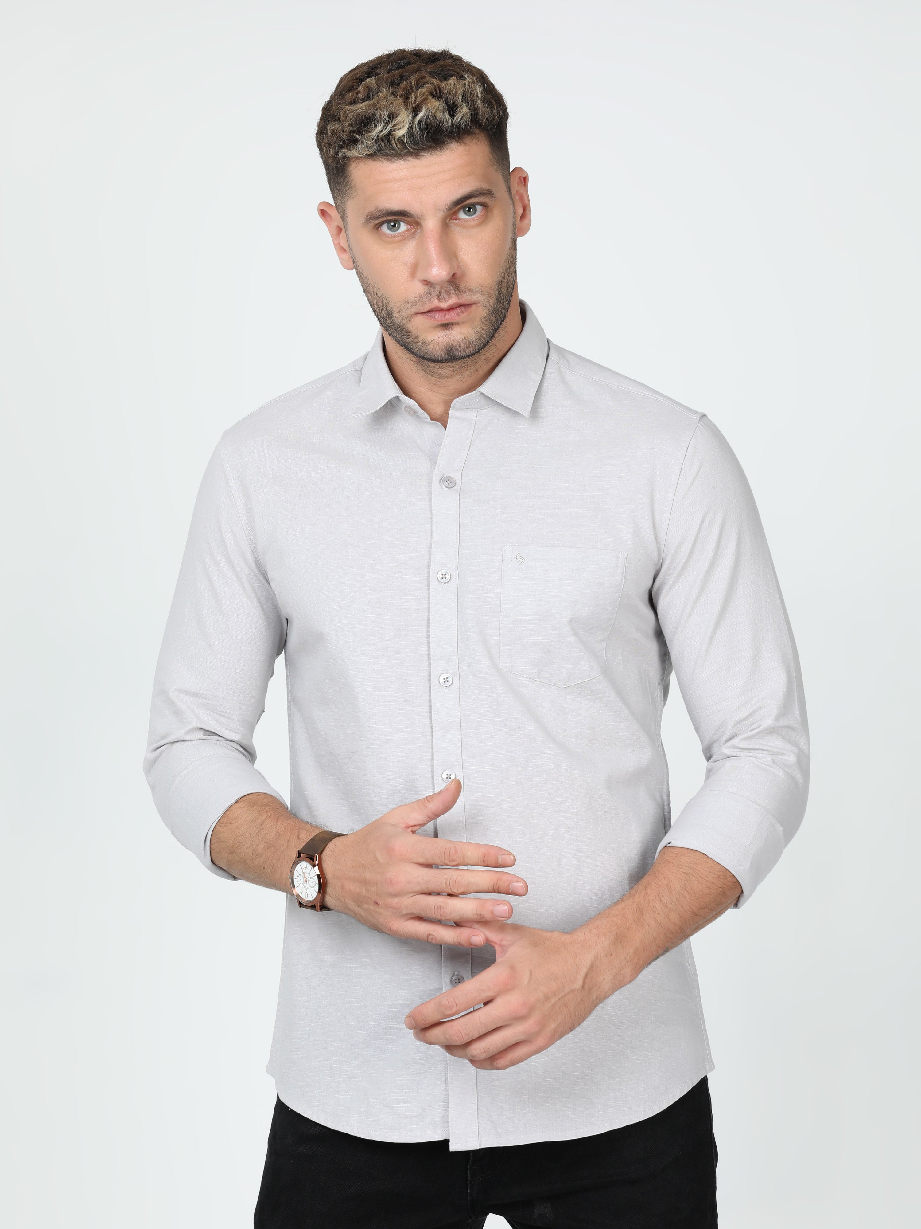 Classic Polo Mens Linen Cotton Full Sleeve Slim Fit Polo Neck Grey Color Woven Shirt | Linen - 26 A-FS-SLD-SF