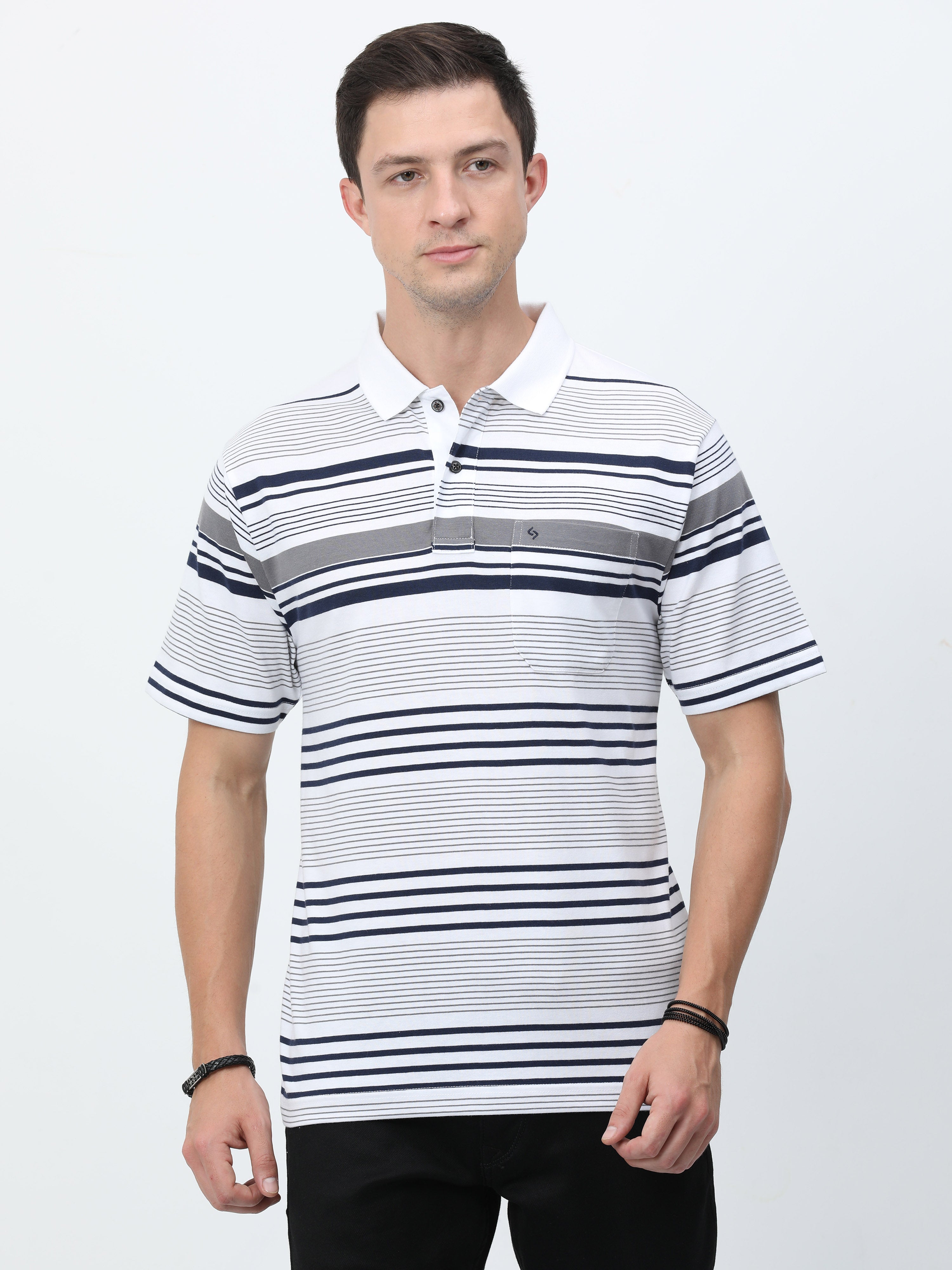 Classic Polo Mens Cotton Half Sleeves Striped Authentic Fit Polo Neck White Color T-Shirt | Avon - 549 A Af P
