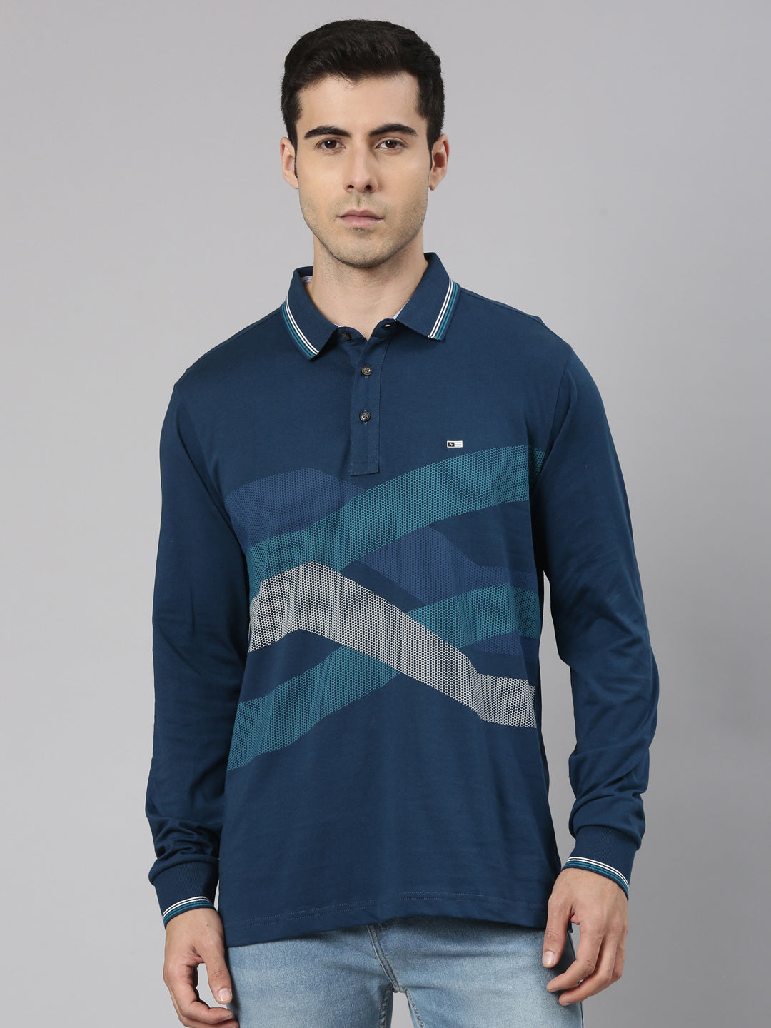 Classic Polo Men's Full Sleeve Navy Blue Polo Neck Slim Fit Printed Co
