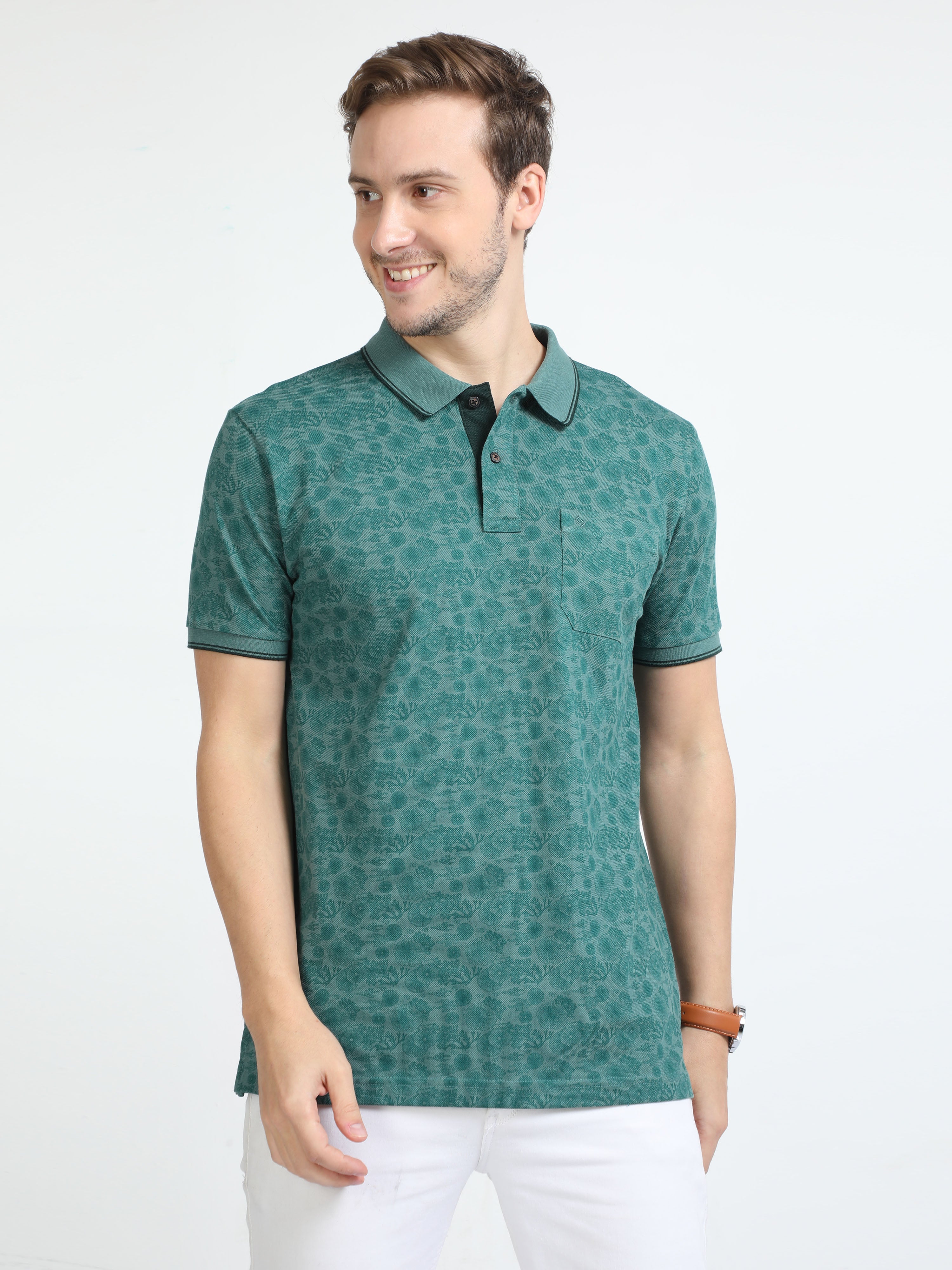 Classic Polo Mens Cotton Half Sleeves Floral Slim Fit Polo Neck Green Color T-Shirt | Beau - 219 A Sf P
