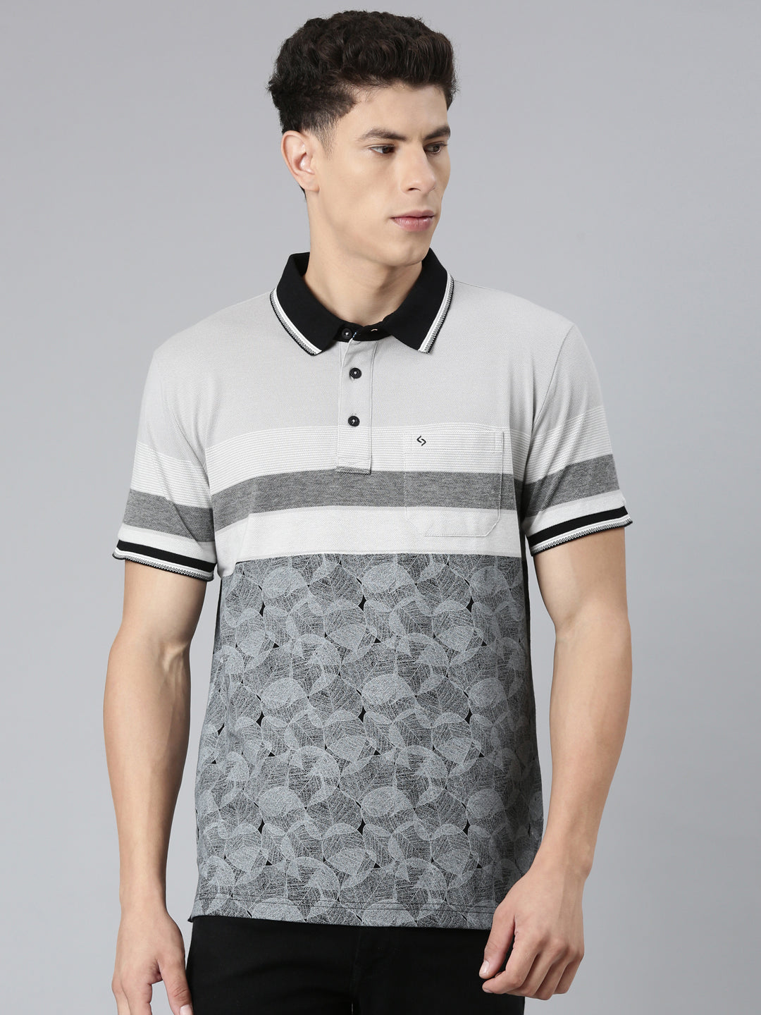Classic Polo Mens Printed Grey/Black Polo Neck Slim Fit T-Shirt | VTA - 266 B SF P