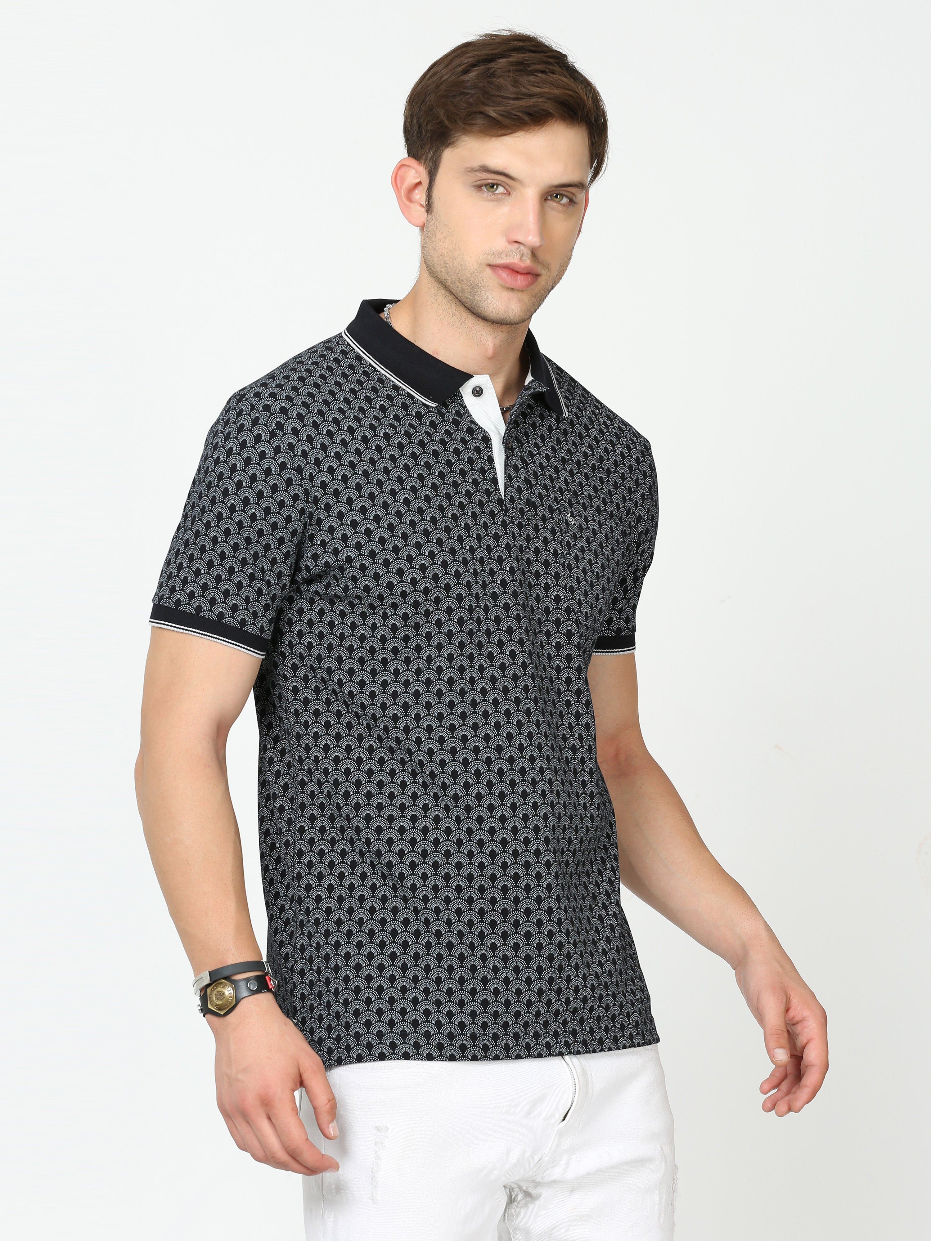 Classic Polo Mens Cotton Half Sleeves Floral Slim Fit Polo Neck Black Color T-Shirt | Beau - 225 B Sf P