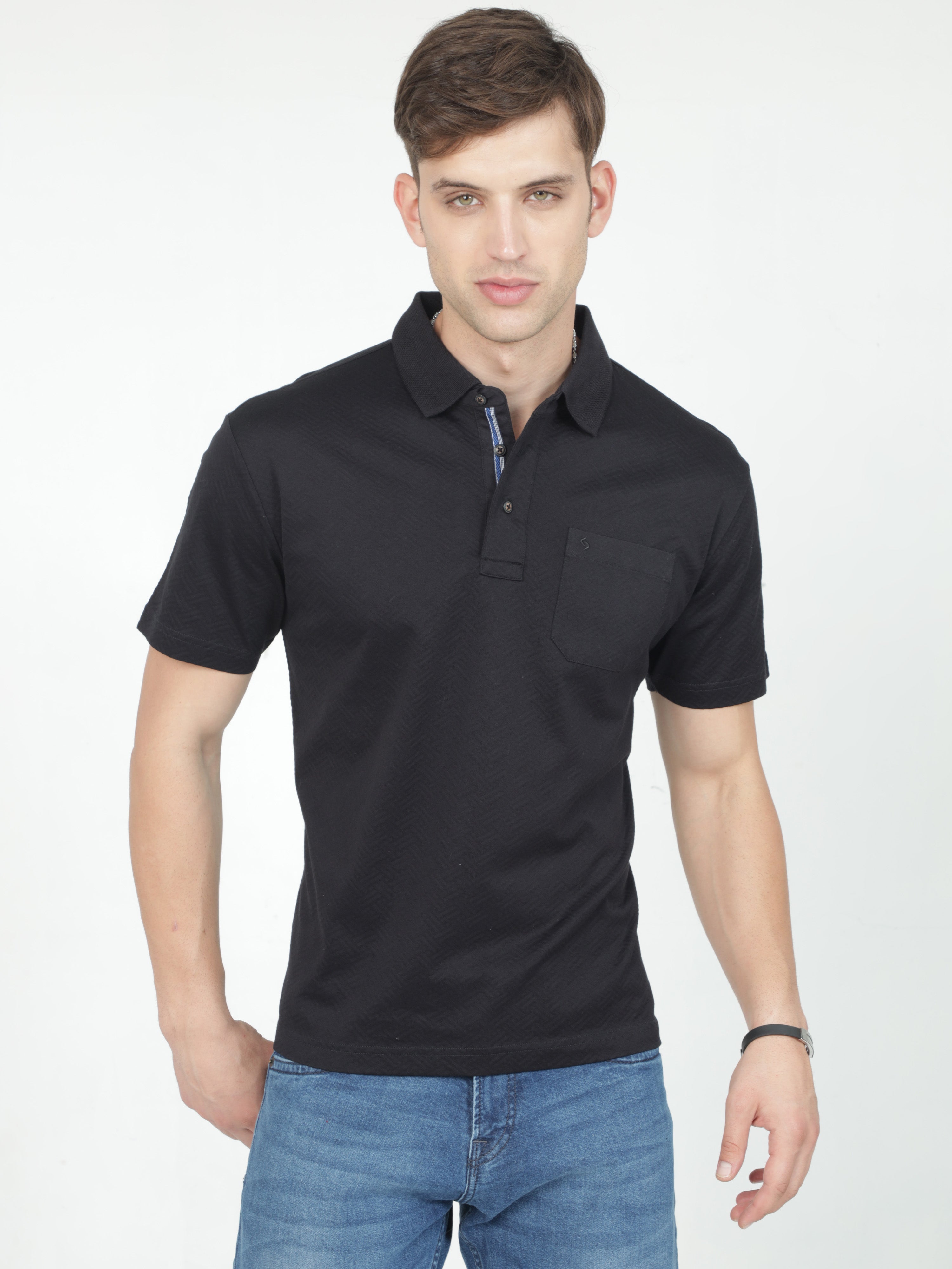 Classic Polo Mens Cotton Half Sleeves Floral Authentic Fit Polo Neck Black Color T-Shirt | Rare - 05 B Af P