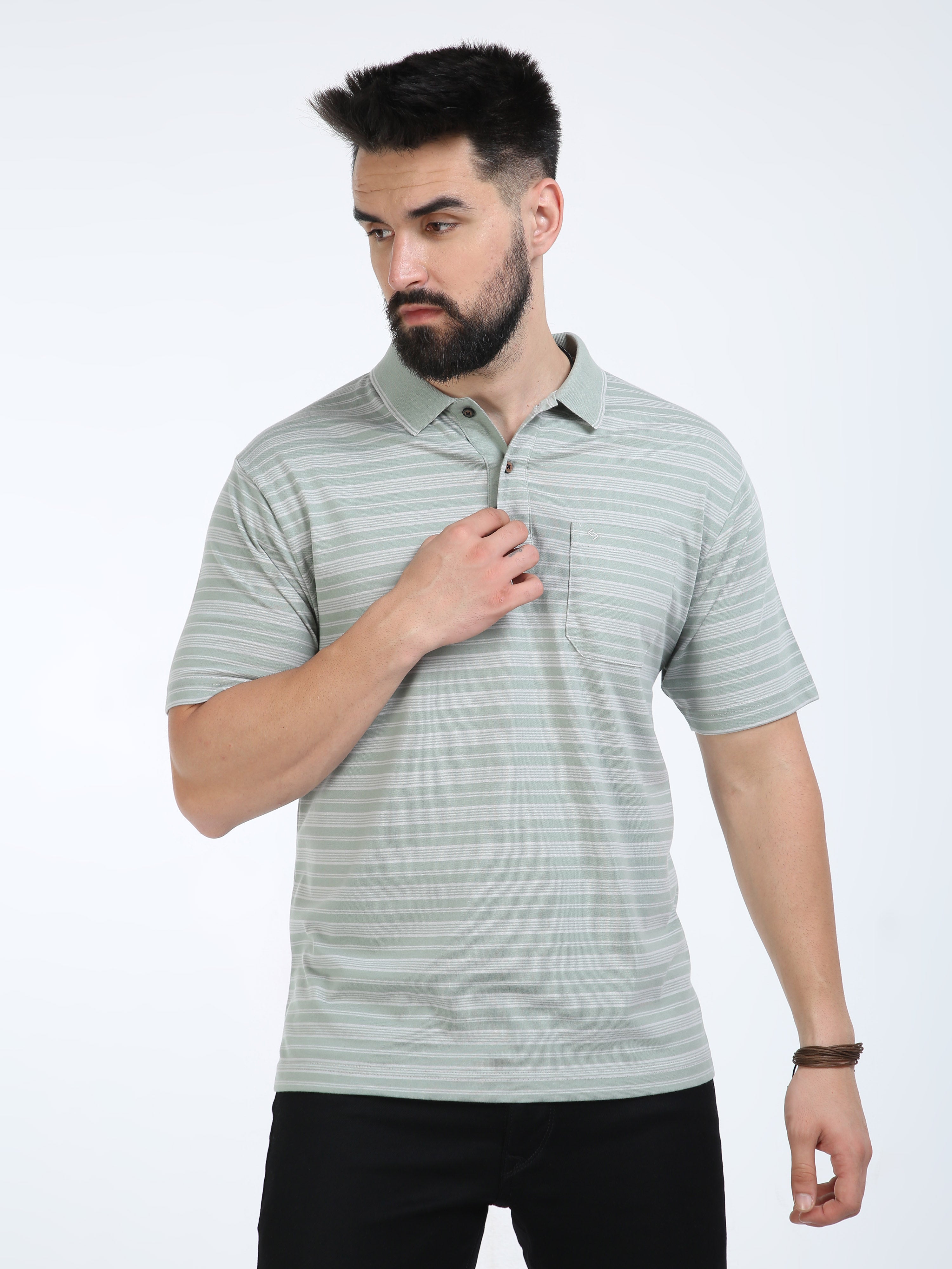 Classic Polo Mens Cotton Half Sleeves Striped Authentic Fit Polo Neck Green Color T-Shirt | Feeders-234 A Af P