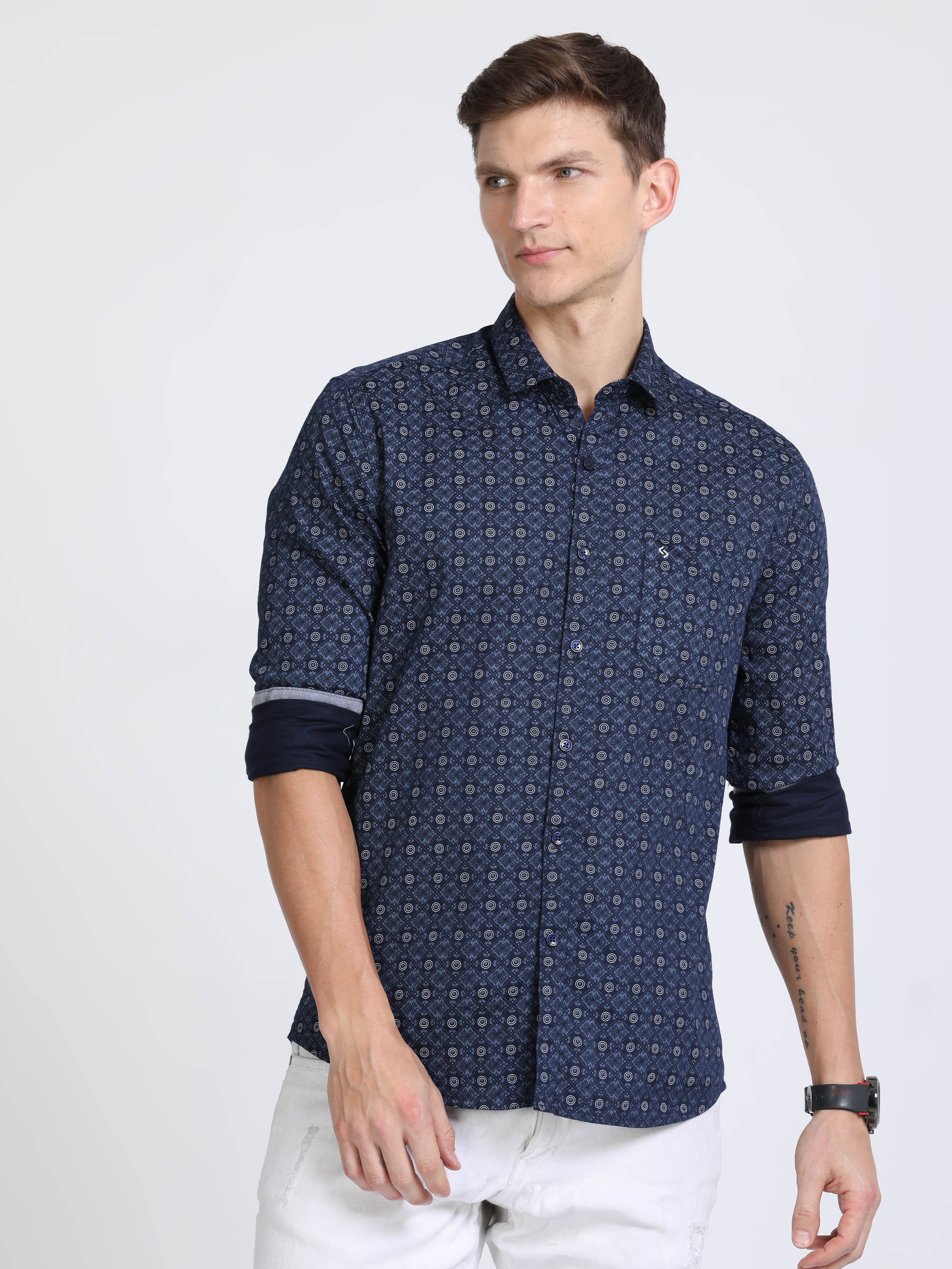 Classic Polo Mens Pure Cotton Full Sleeves Printed Slim Fit Polo Neck Dark Navy Color Woven Shirt | So2-170 A-Fs-Prt-Sf
