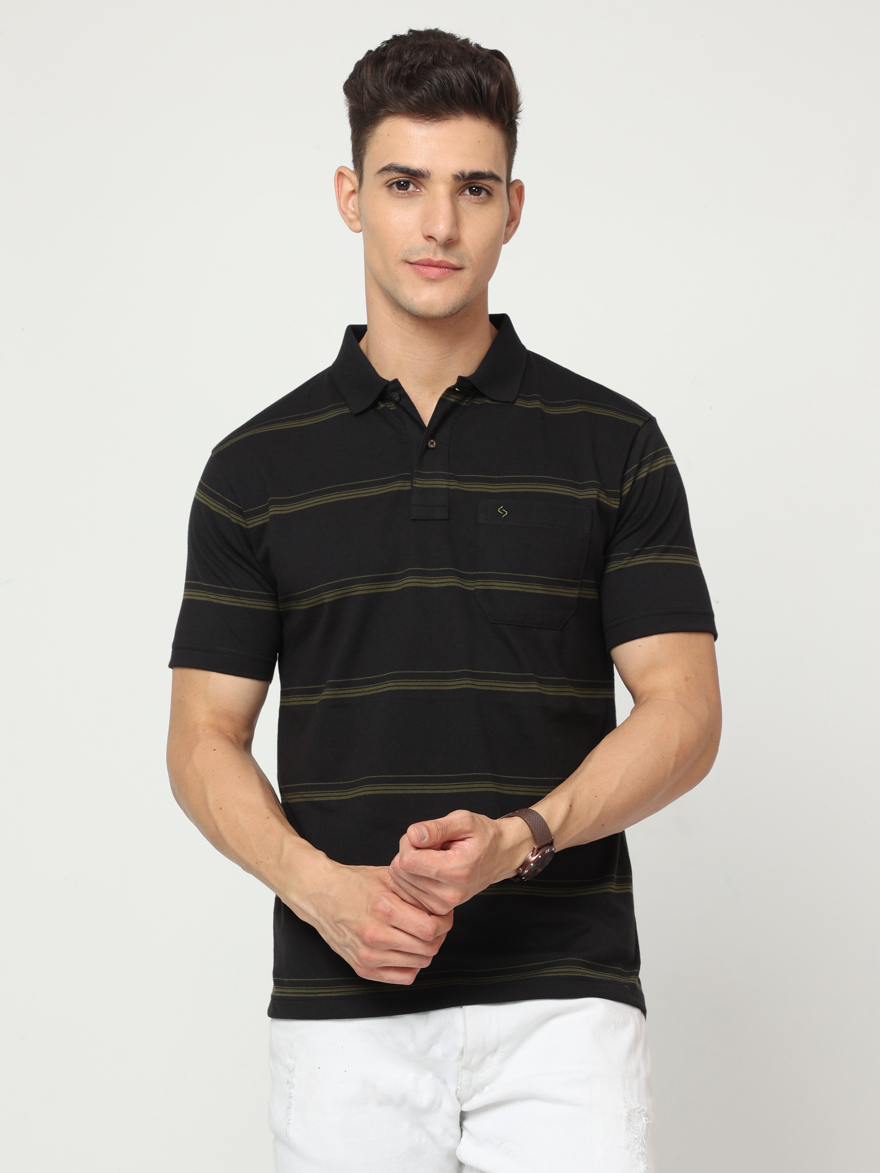 Classic Polo Mens Pure Cotton Half Sleeve Striped Regular Fit Polo Neck Black Color T Shirt | F-Avon - 110 B
