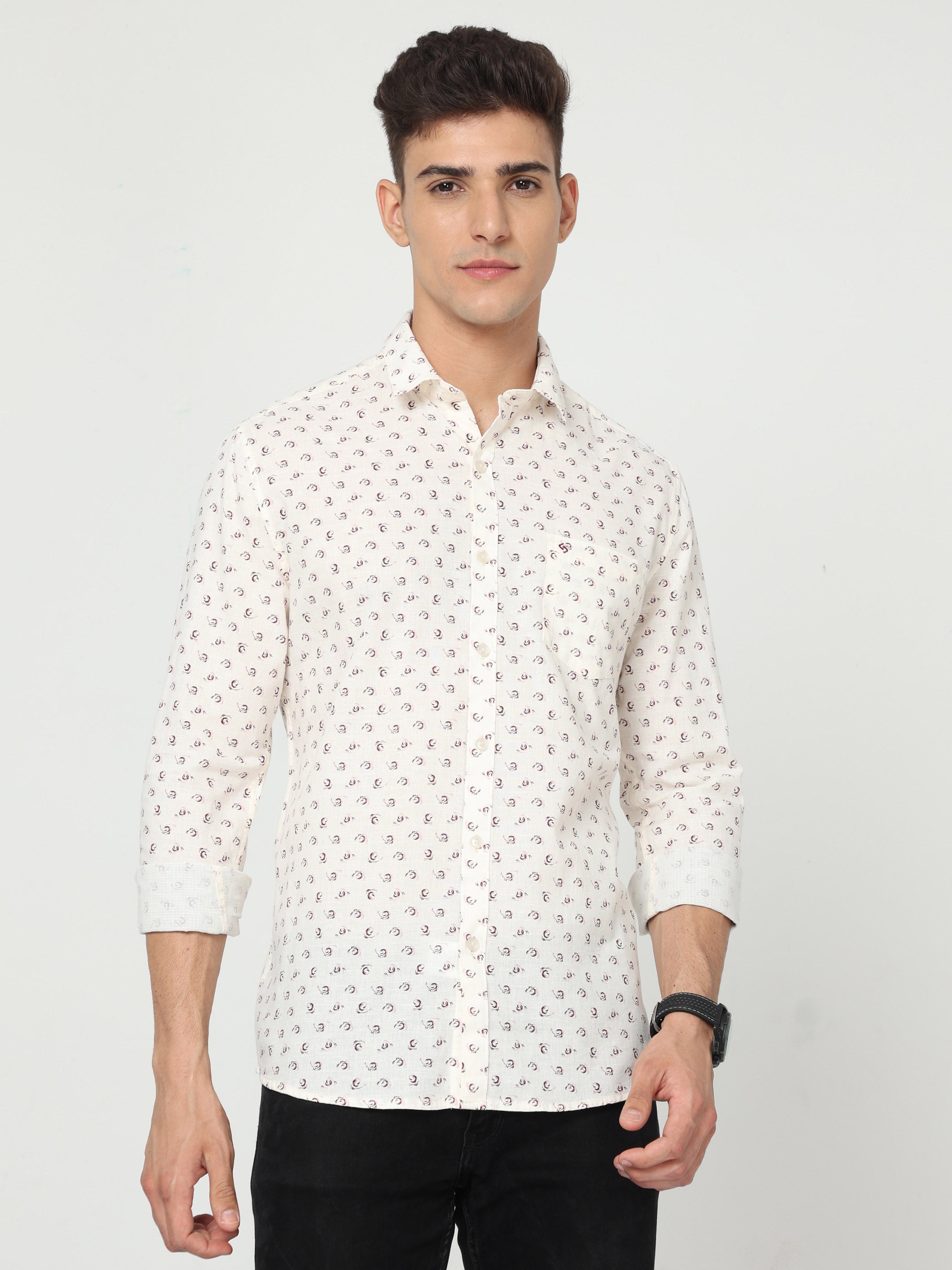Classic Polo Mens Cotton Full Sleeve Printed Slim Fit Polo Neck Cream Color Woven Shirt | SO1-14 B-FS-PRT