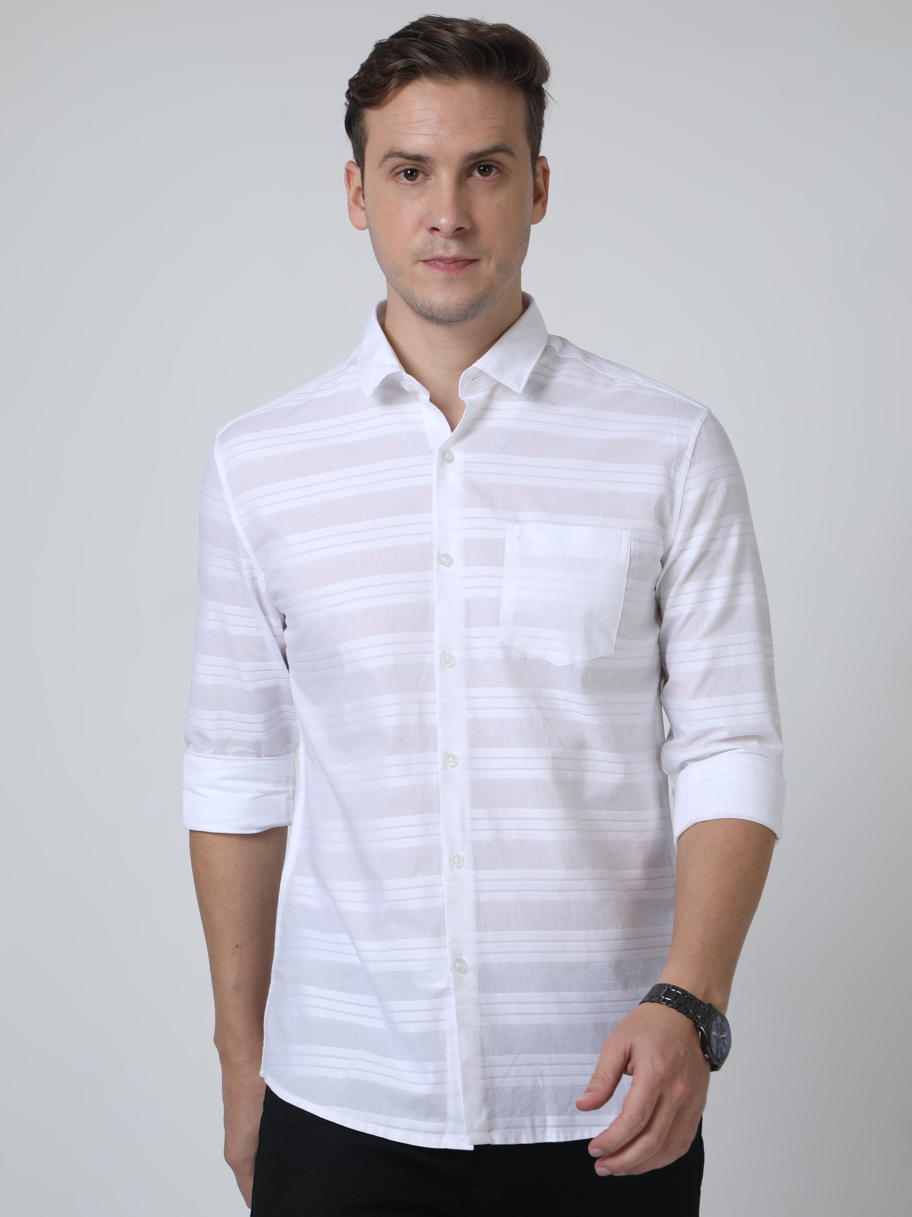 Classic Polo Mens Pure Cotton Full Sleeves Striped Slim Fit Polo Neck Light Pink Color Woven Shirt | So2-176 A-Fs-Sld-Sf