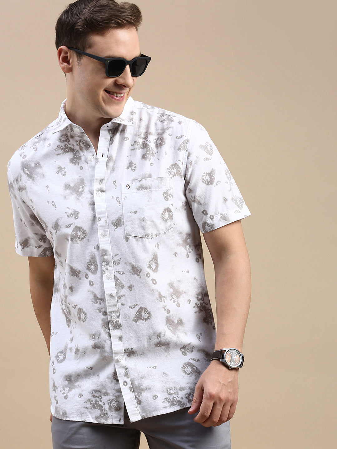 Classic Polo Men's Polo Neck Cotton Linen White/Grey Slim Fit Printed Shirt | LINEN-28B-HS-PRT-SF