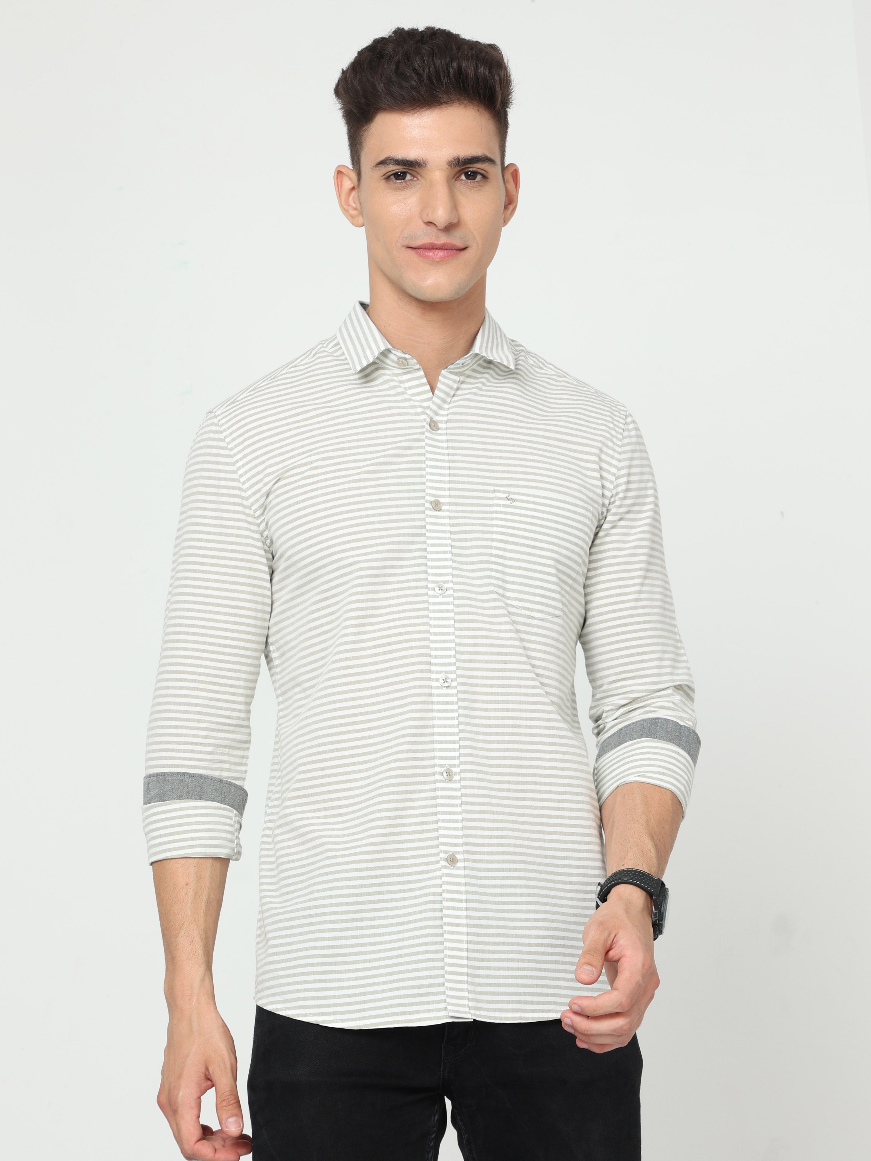 Classic Polo Men's Cotton Full Sleeve Striped Slim Fit Polo Neck Brown Color Woven Shirt | So1-107 A