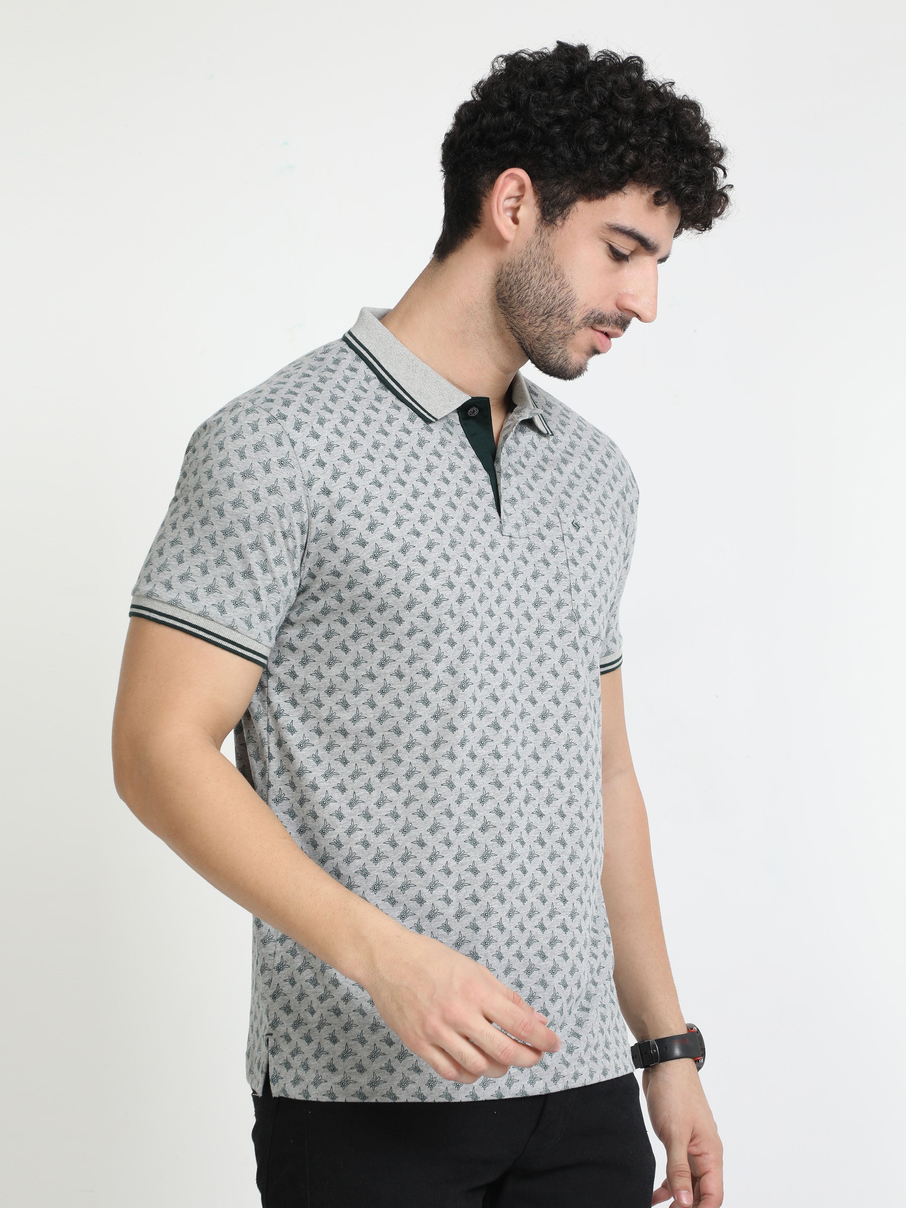 Classic Polo Mens Cotton Half Sleeves Floral Slim Fit Polo Neck Grey Color T-Shirt | Bello - 226 A Sf P