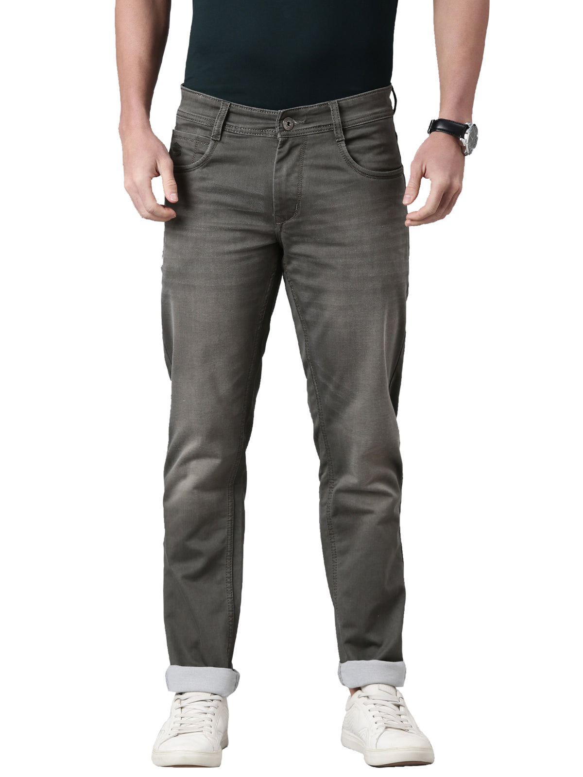 Classic Polo Men's Olive Green Slim Fit Solid Cotton Denim | CPDQ2-46-OLIVE-SF