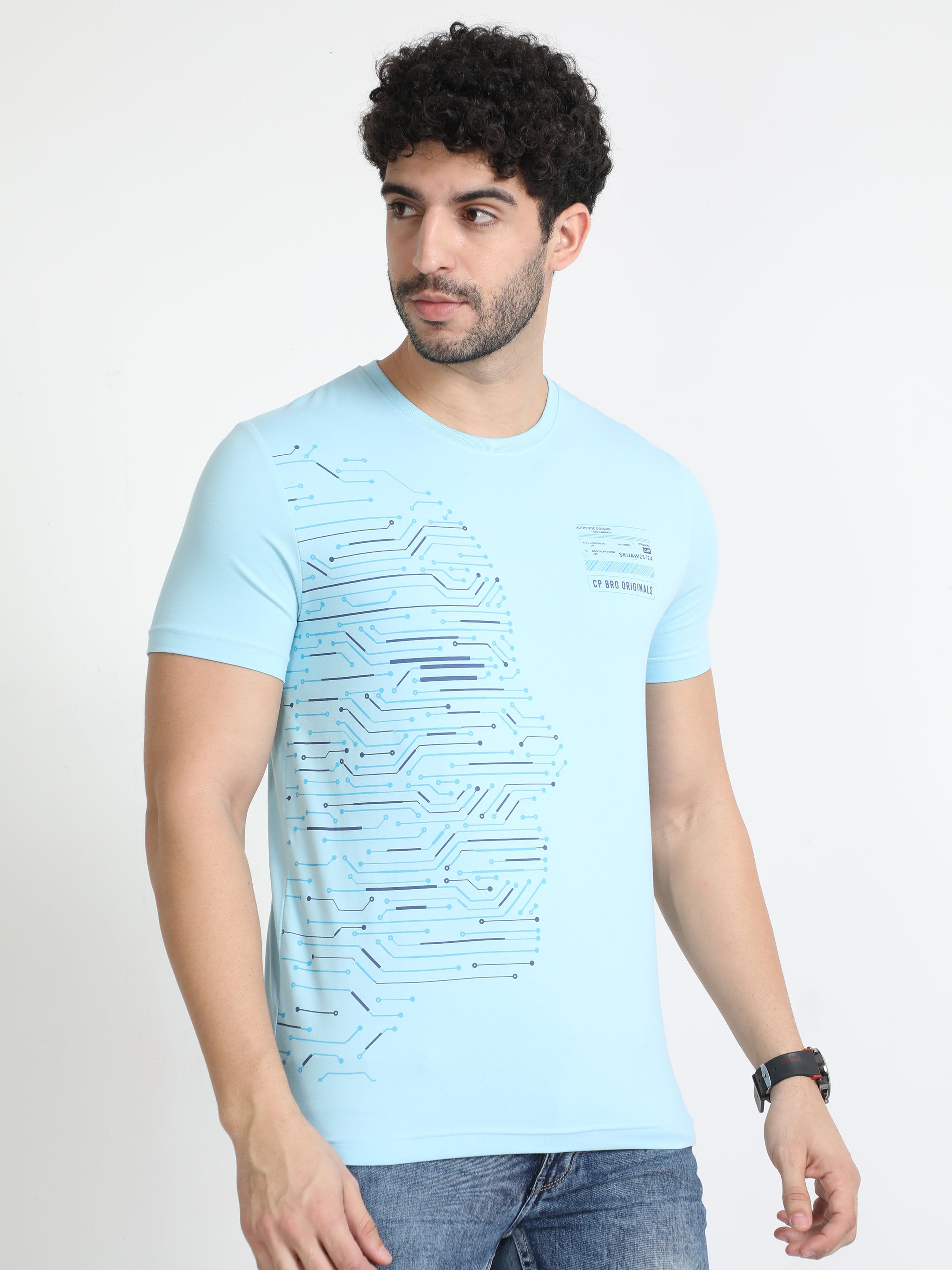 Classic Polo Mens Cotton Half Sleeves Printed Slim Fit Crew Neck Aqua Blue Color T-Shirt | Brcn - 551 B Sf C