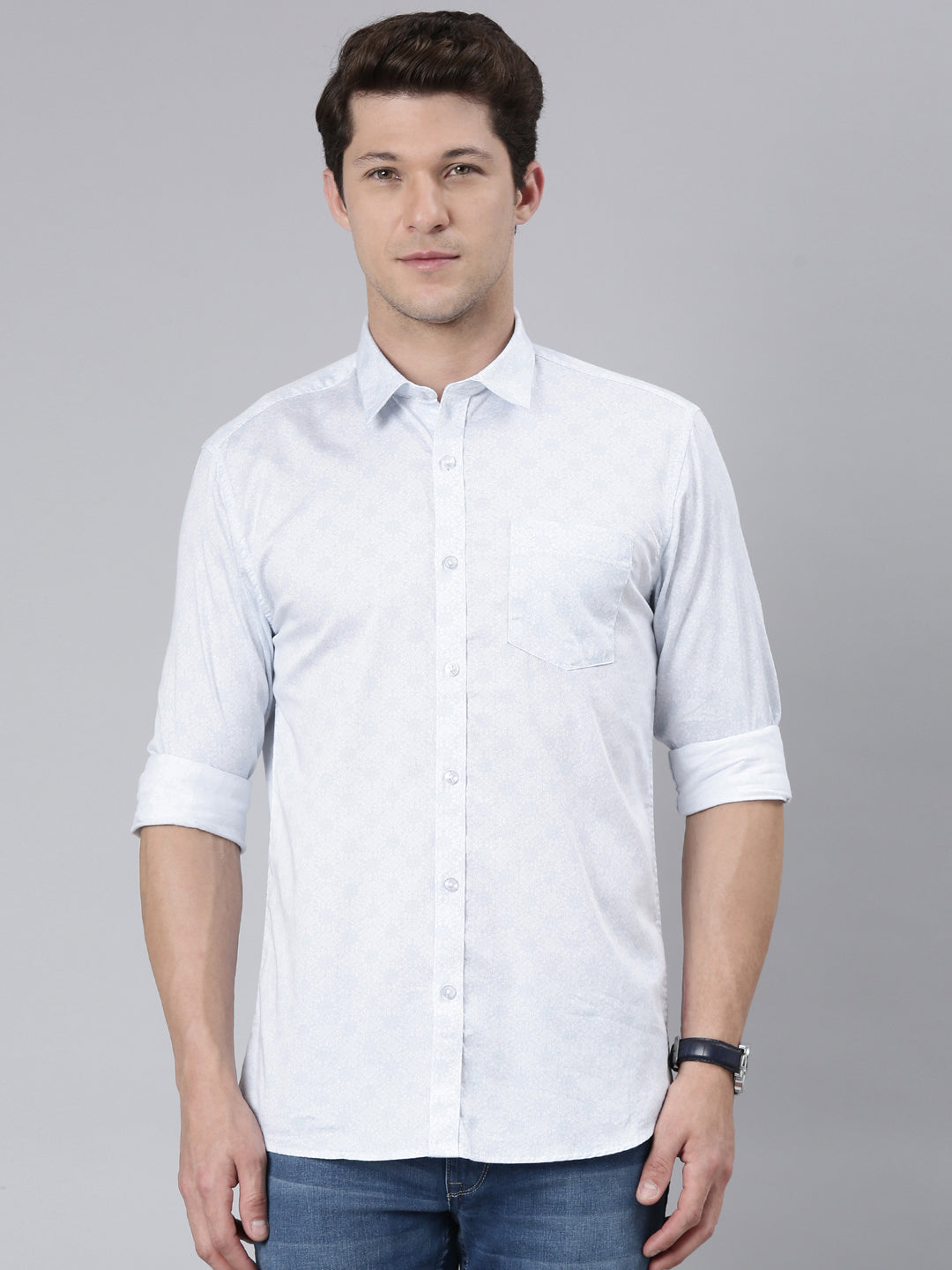 Classic Polo Men's Full Sleeve Lt.Blue Polo Neck 100% Cotton Slim Fit Shirt | SP2-150-PRT-SF FS