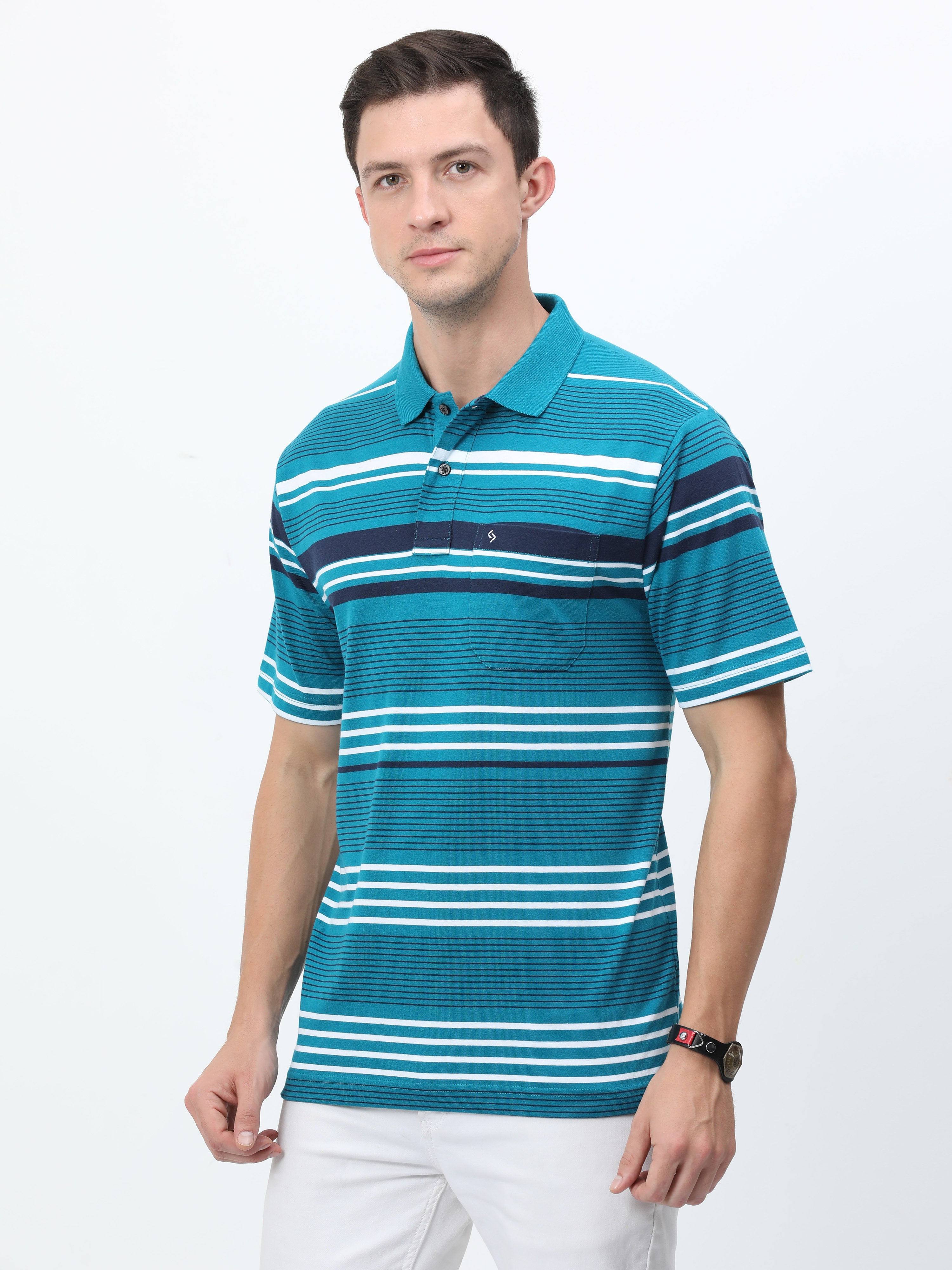 Classic Polo Mens Cotton Half Sleeves Striped Authentic Fit Polo Neck Blue Color T-Shirt | Avon - 549 B Af P