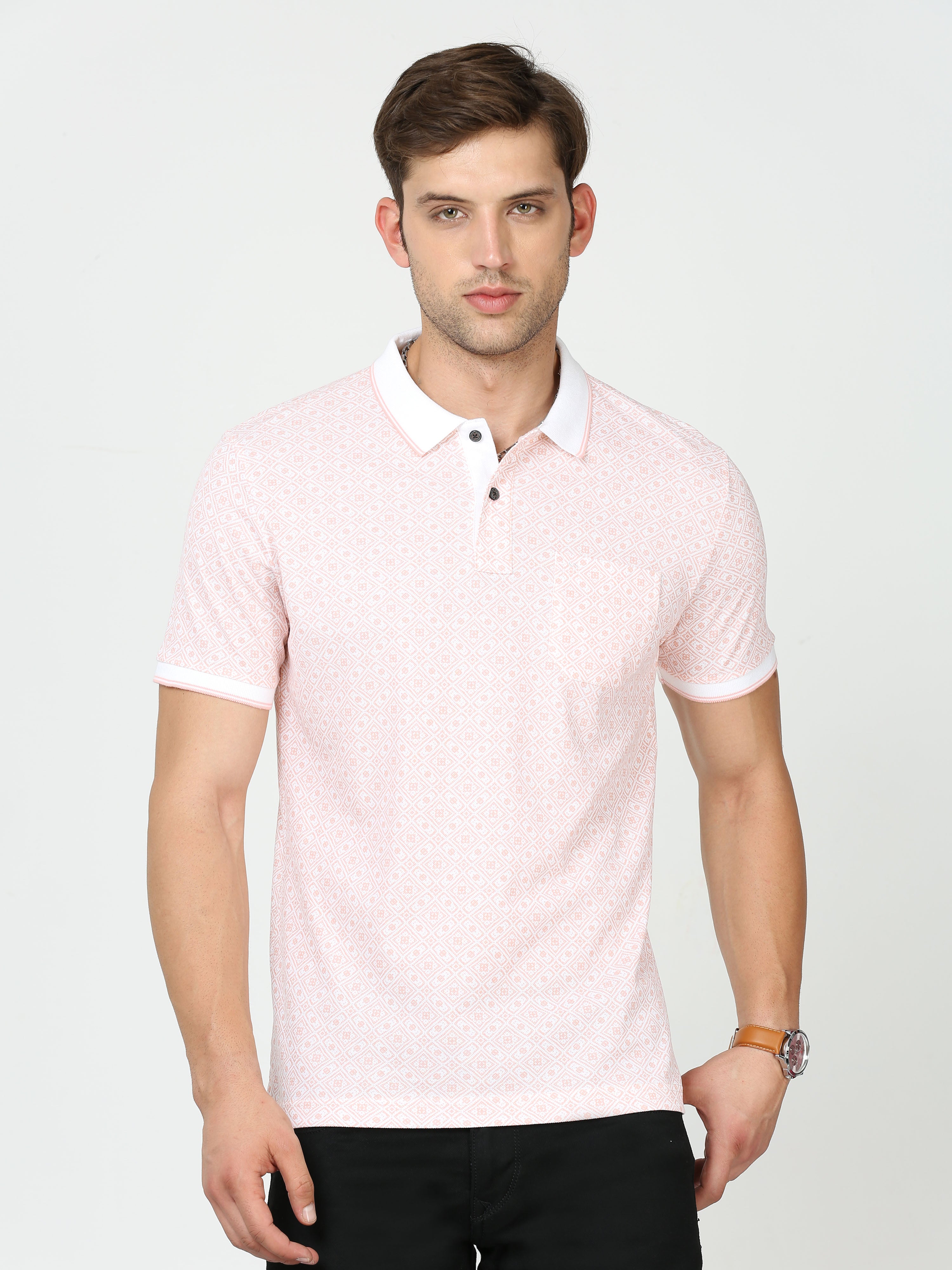 Classic Polo Mens Pure Cotton Half Sleeves Floral Slim Fit Polo Neck Pink Color T-Shirt | Beau - 211 B Sf P