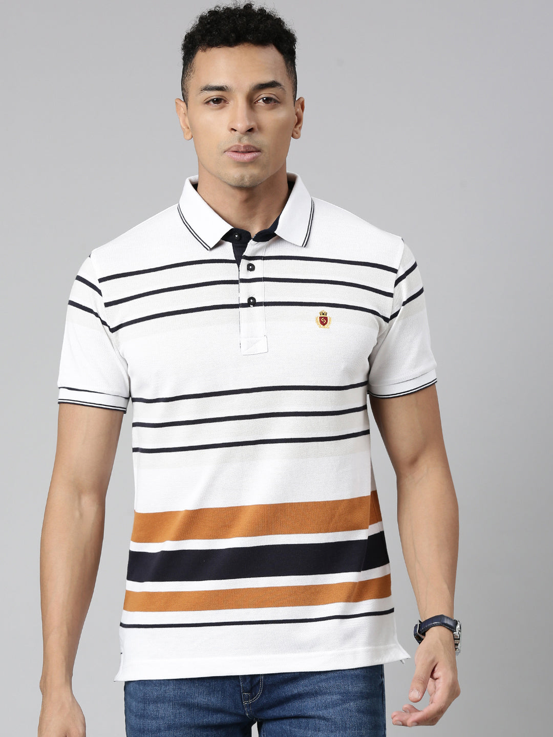 Classic Polo Men's Polo Neck Cotton White/Navy Slim Fit Striped T-Shirt | VTA-280 A SF P