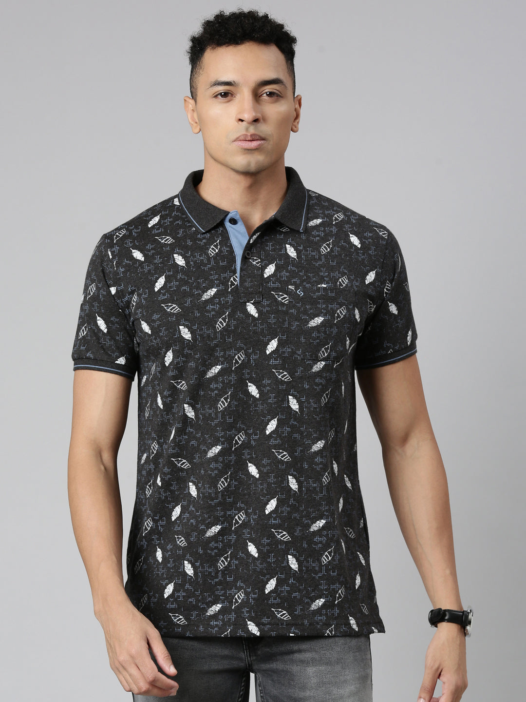 Classic Polo Men's Polo Neck Cotton Black Slim Fit Printed T-Shirt B