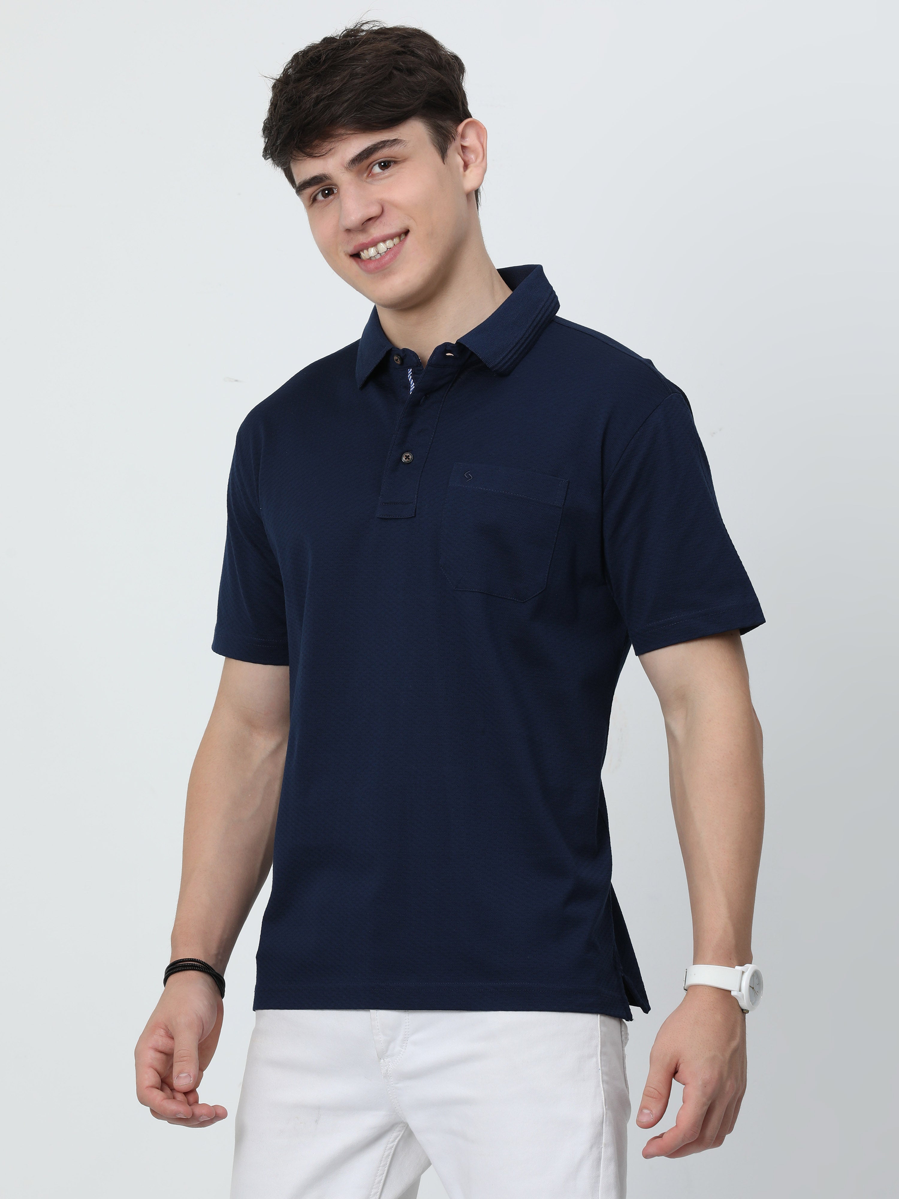 Classic Polo Mens Cotton Half Sleeves Printed Authentic Fit Polo Neck Navy Color T-Shirt | Rare - 04 B Af P