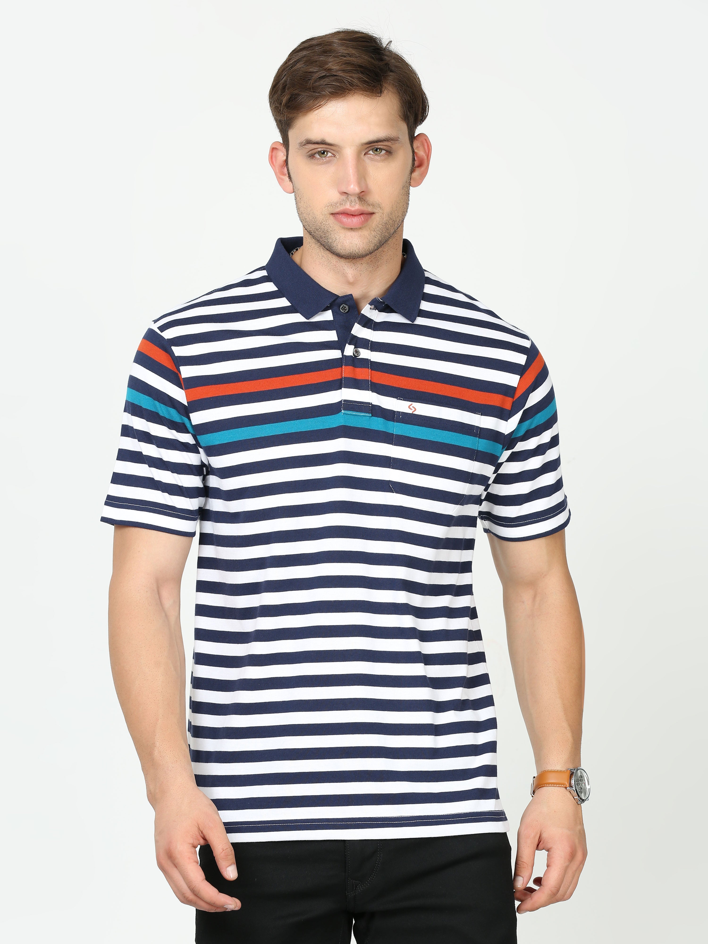 Classic Polo Mens Cotton Half Sleeves Striped Authentic Fit Polo Neck White Color T-Shirt | Avon - 550 A Af P