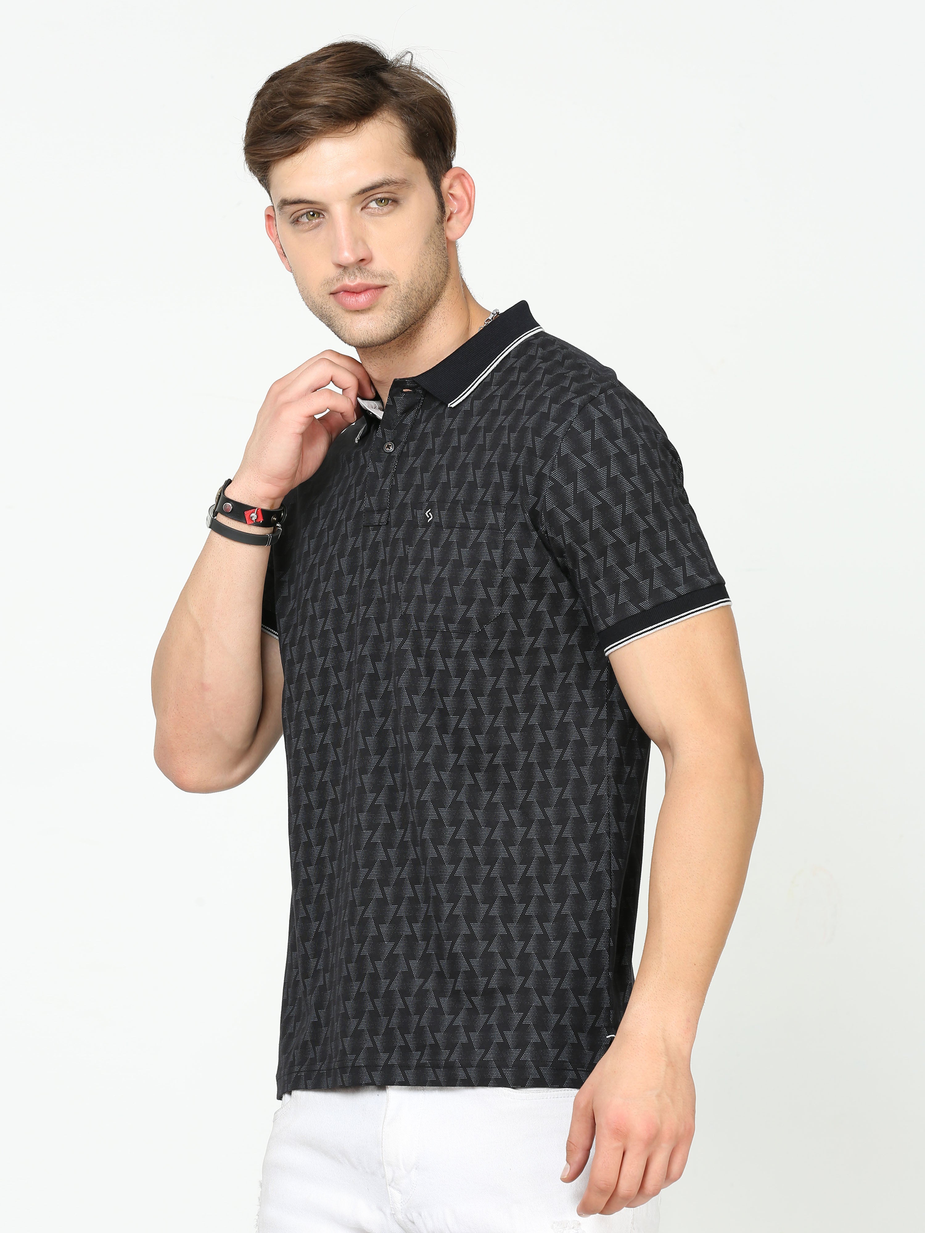 Classic Polo Mens Cotton Half Sleeves Printed Slim Fit Polo Neck Black Color T-Shirt | Bello - 230 B Sf P