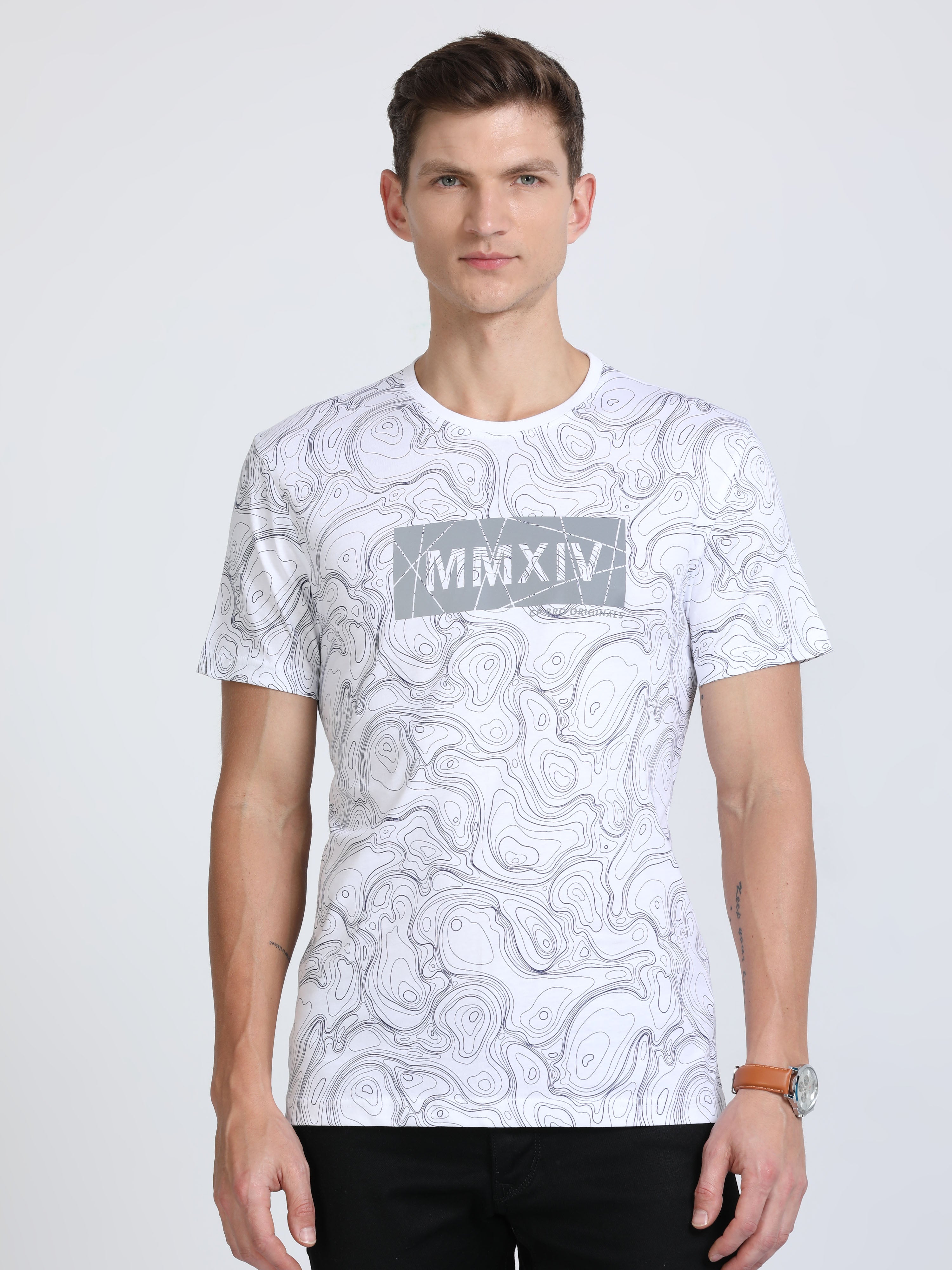 Classic Polo Mens Cotton Half Sleeves Floral Slim Fit Crew Neck White Color T-Shirt | Brcn - 556 A Sf C