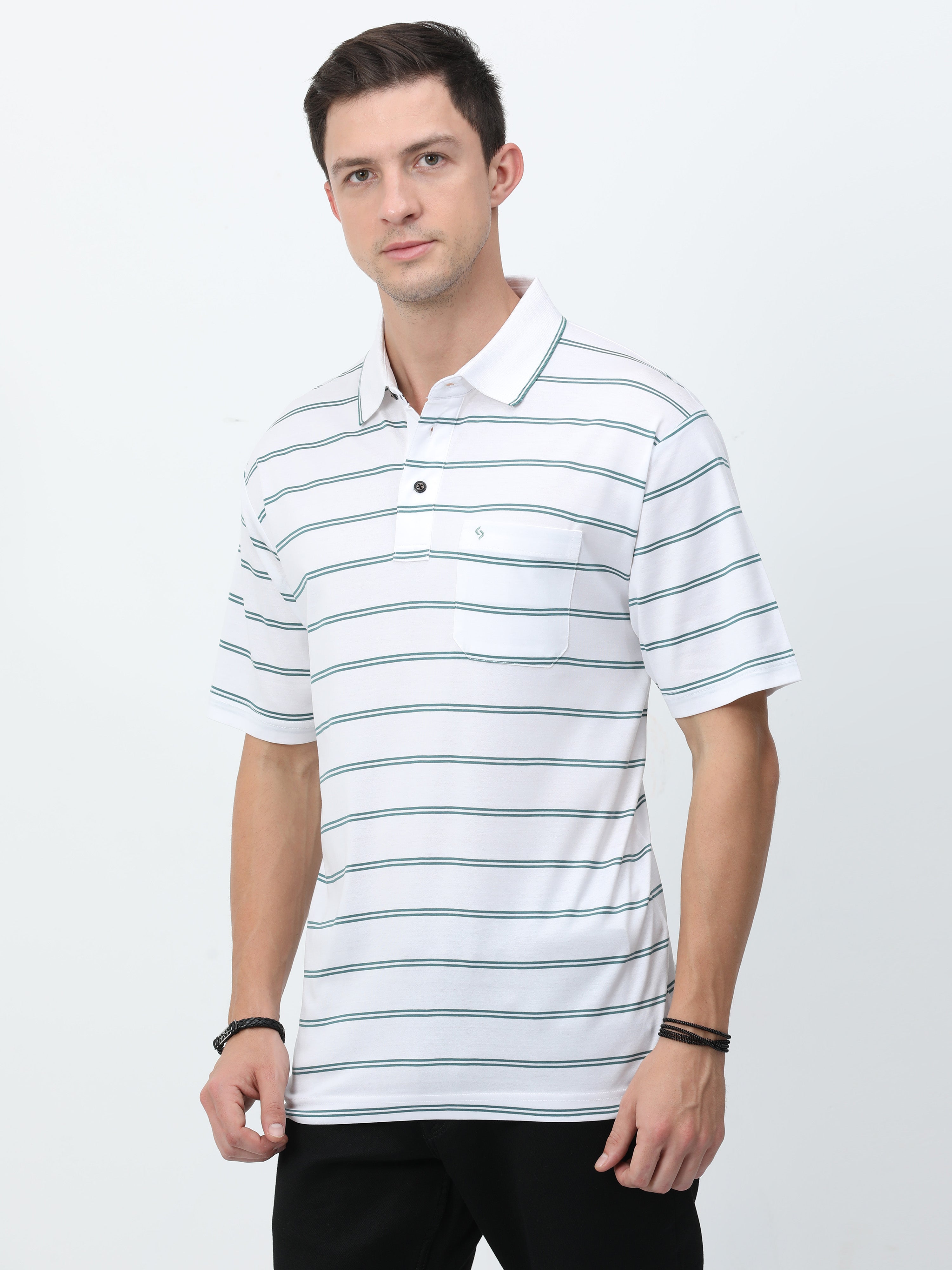 Classic Polo Mens Cotton Half Sleeves Striped Authentic Fit Polo Neck White Color T-Shirt | Ultimo - 326 A Af P