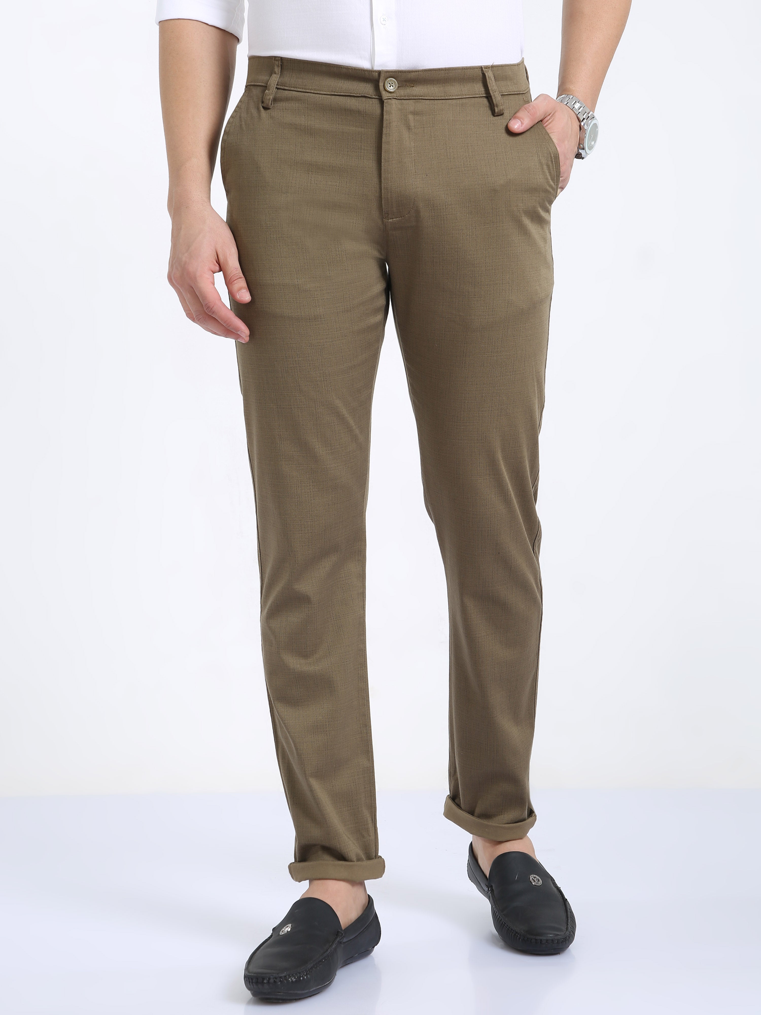 CP BRO Mens Moderate Fit Solid Dark Khakhi Color Trousers | To2-09 C-Pis-Mf-Ly