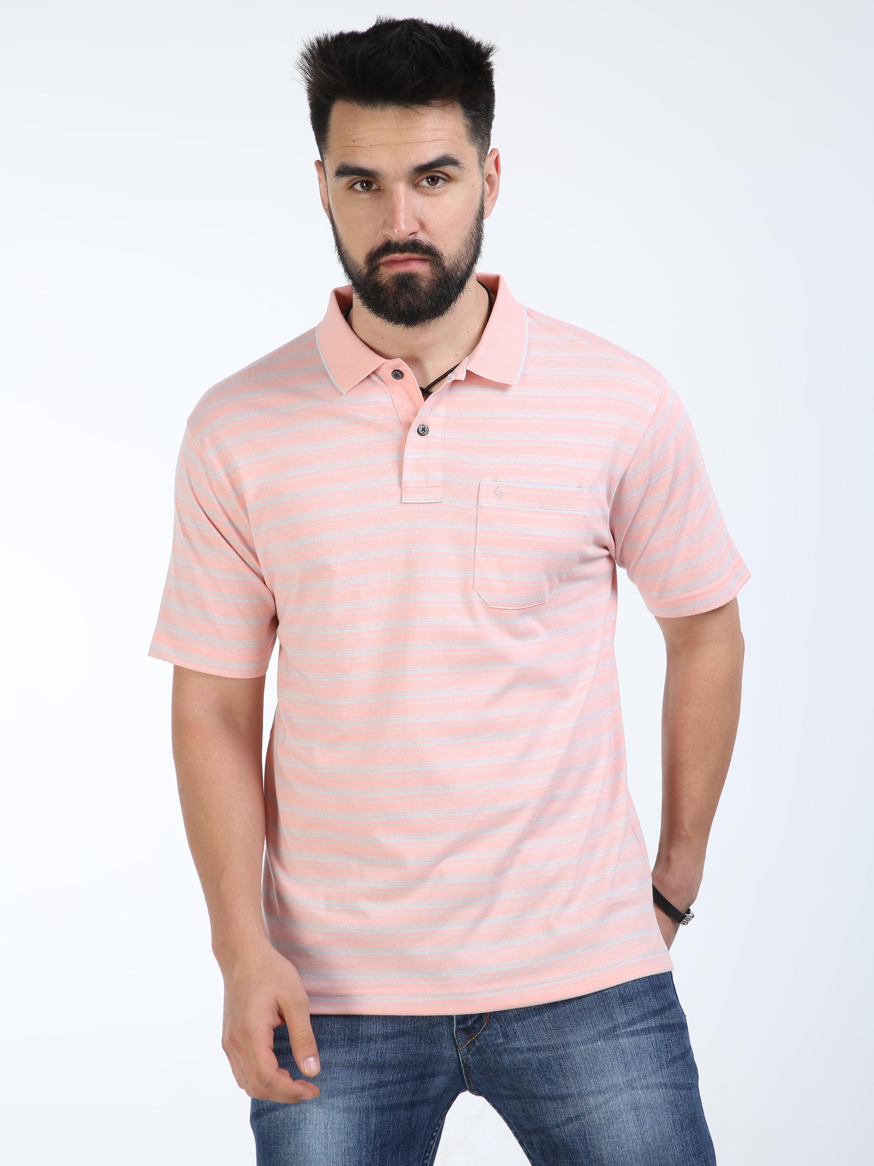 Classic Polo Mens Cotton Half Sleeves Striped Authentic Fit Polo Neck Pink Color T-Shirt | Feeders-233 B Af P