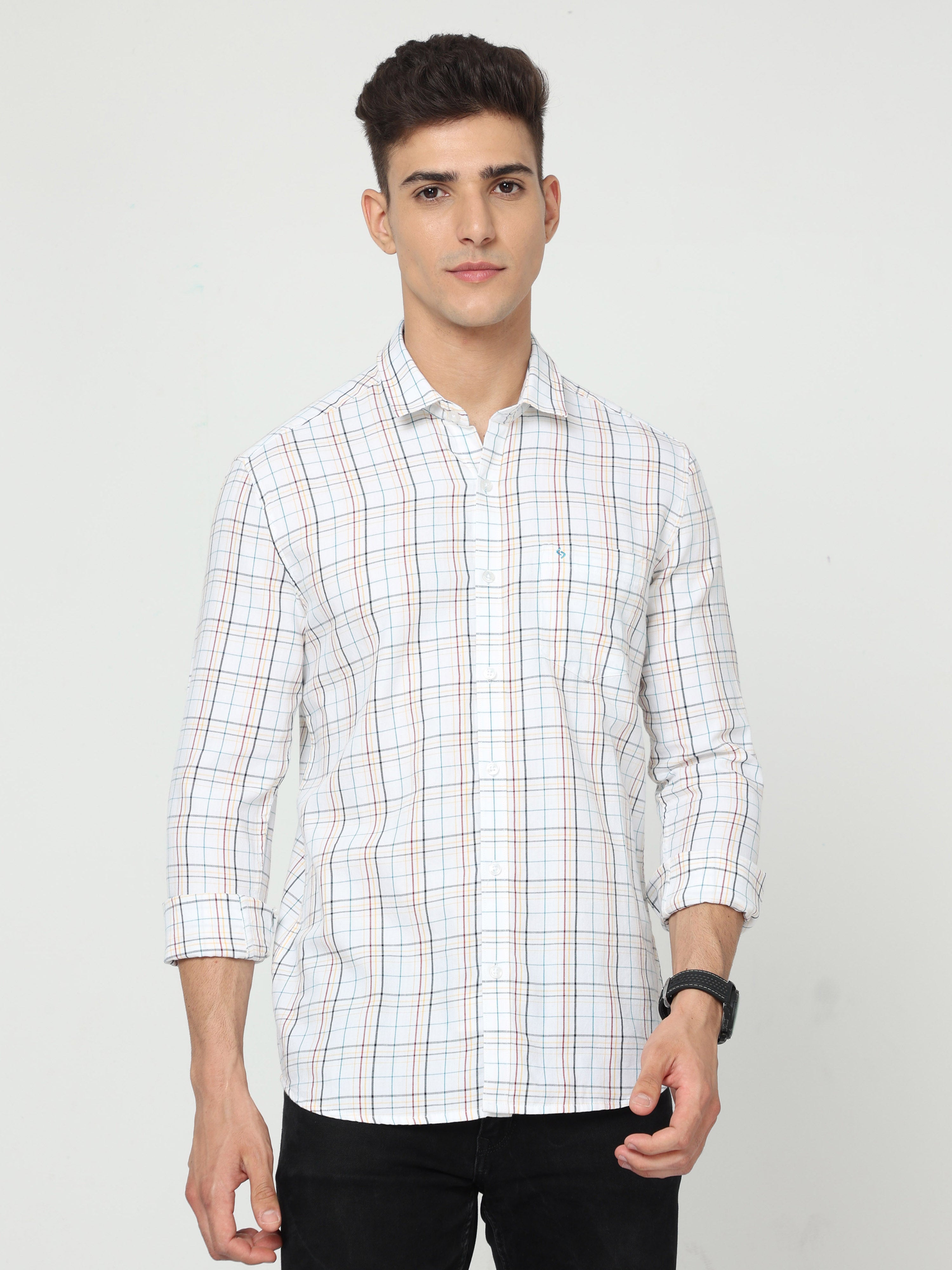 Classic Polo Mens Cotton Full Sleeve Checked Slim Fit Polo Neck White Color Woven Shirt | SO1-97 A-FS-CHK