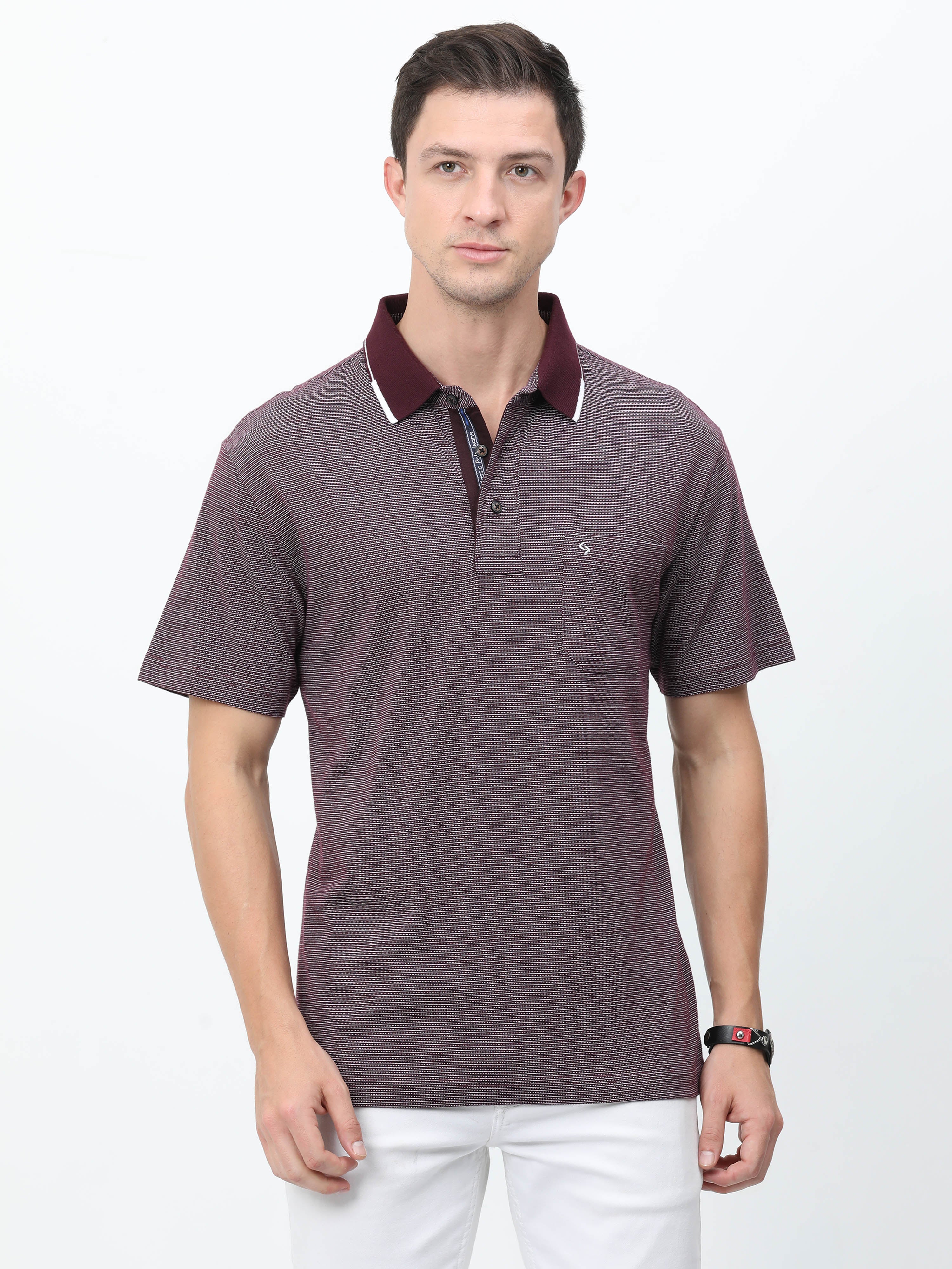 Classic Polo Mens Cotton Half Sleeves Striped Authentic Fit Polo Neck Maroon Color T-Shirt | Rare - 07 A Af P